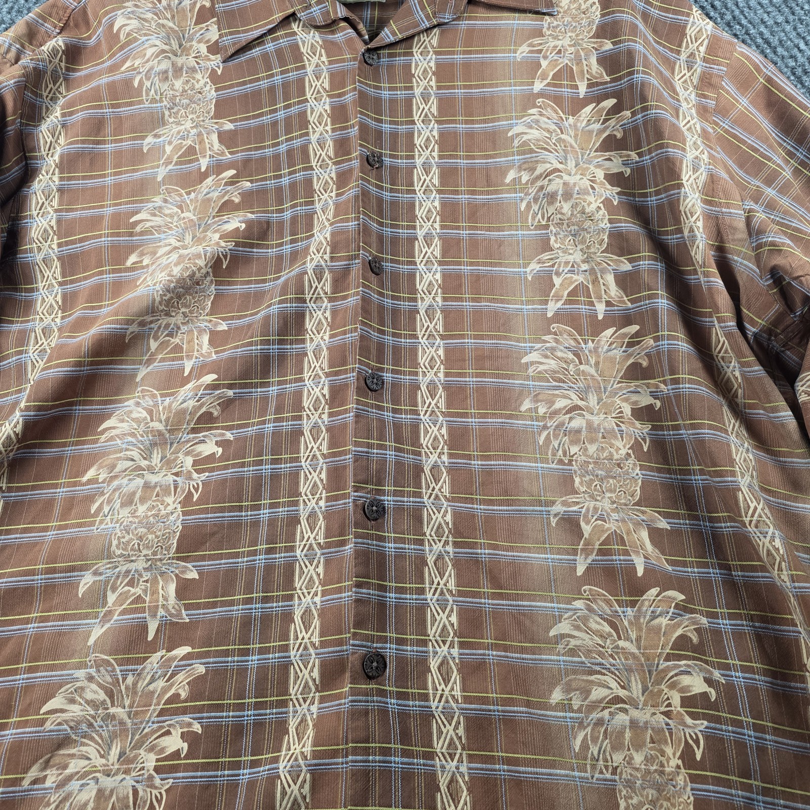 Vintage Tommy Bahama 100% Silk Aloha Shirt Mens XXL Brown Hawaiian Pineapple 90s