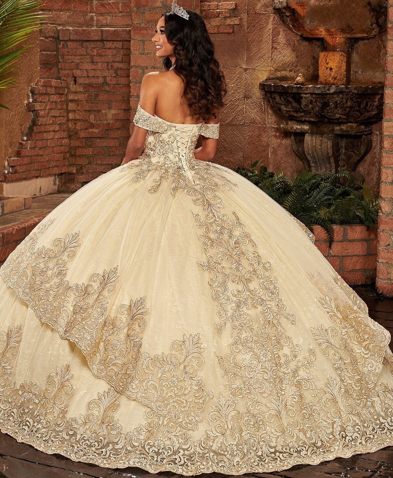 Gold Champagne Off Shoulder Quinceanera Dresses Lace Beaded Ball Gown Prom
