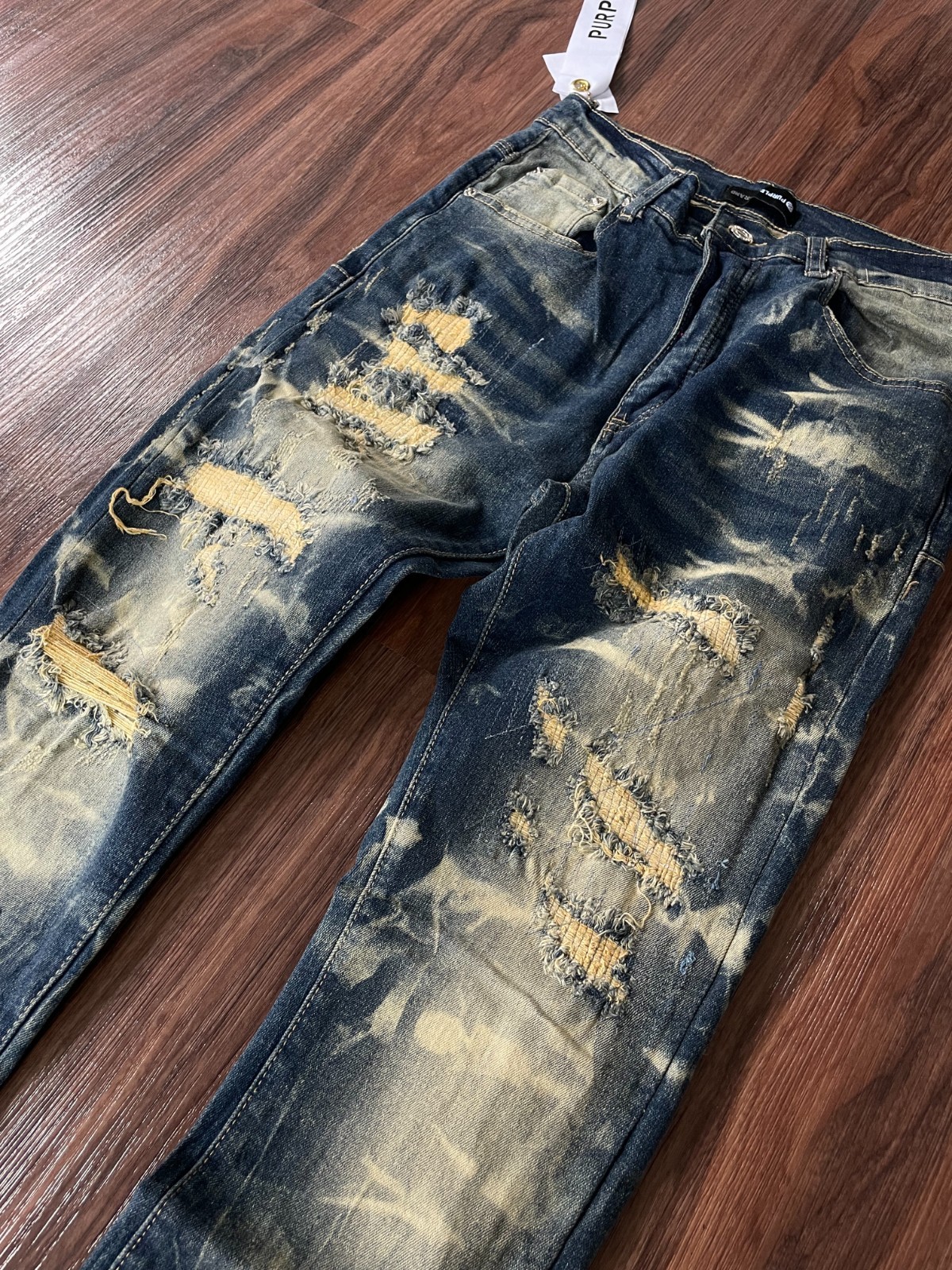 NEW purple Brand Bleached Distressed Jeans Frayed Blue Straight Fit