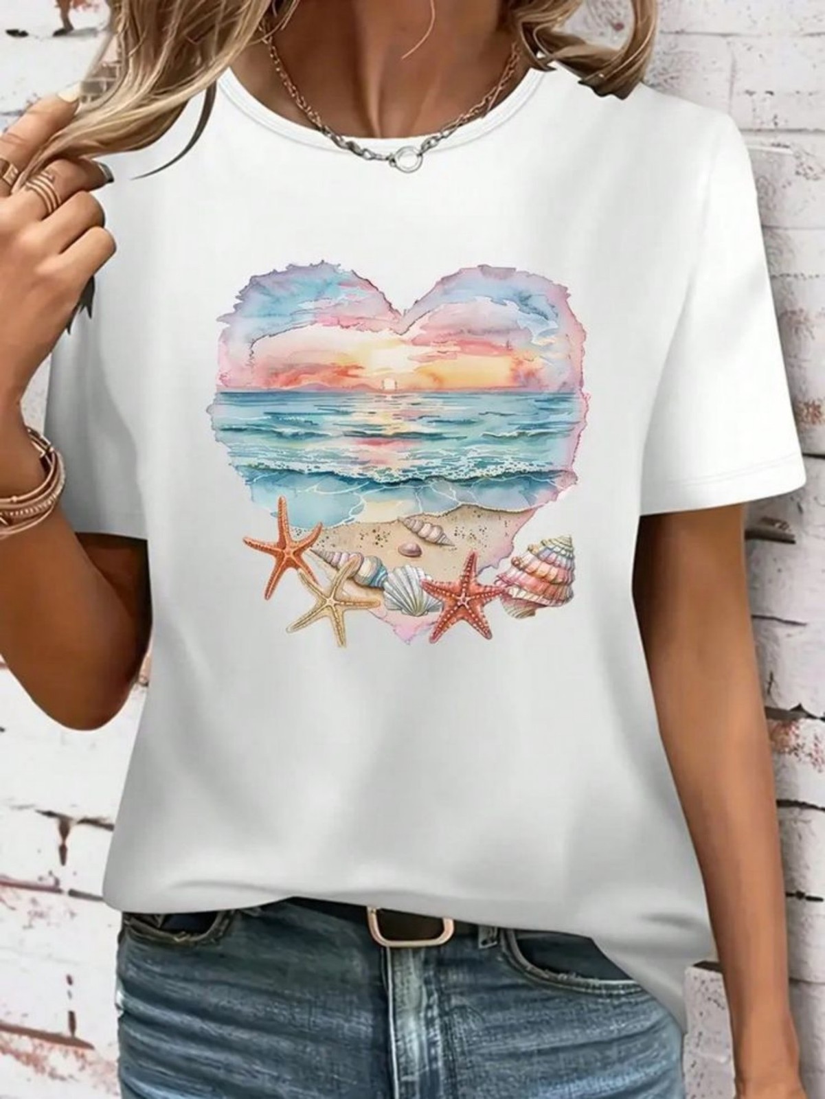 Women’s Beach Sunset Heart Starfish Shell Watercolor Graphic T-Shirt Summer