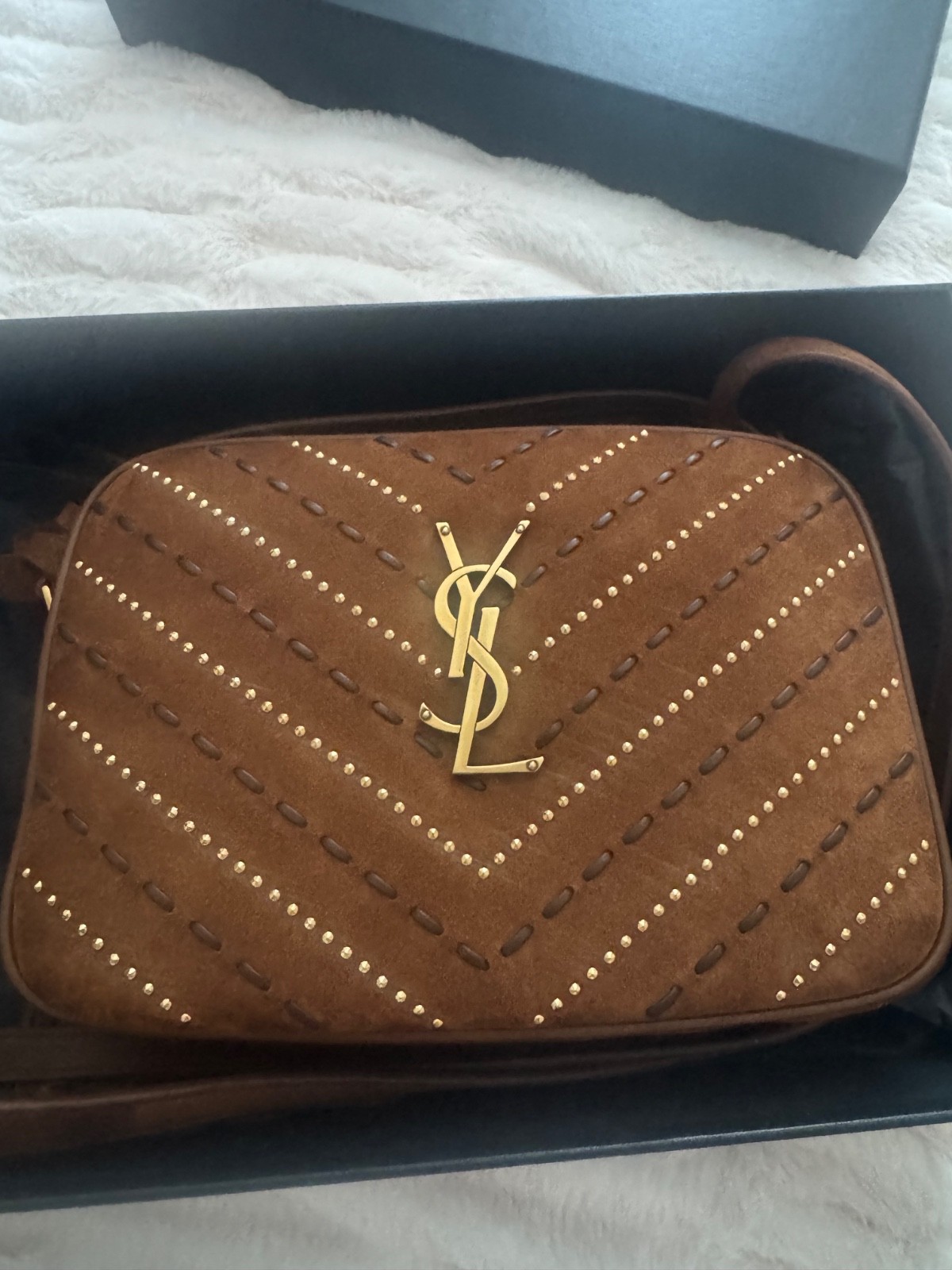 YSL LOU CAMERA BAG IN QUILTED YUMMY SUEDE. Gold bead accents and Whipstitched