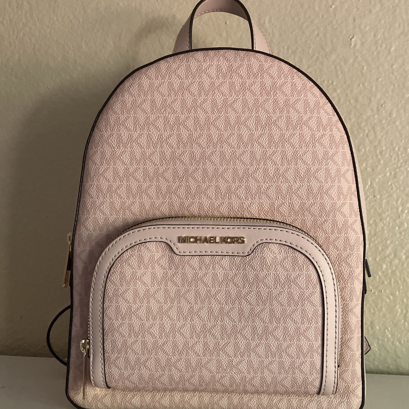 Michael Kors Powder Blush Signature Logo Zip Backpack Gold Hardware Medium