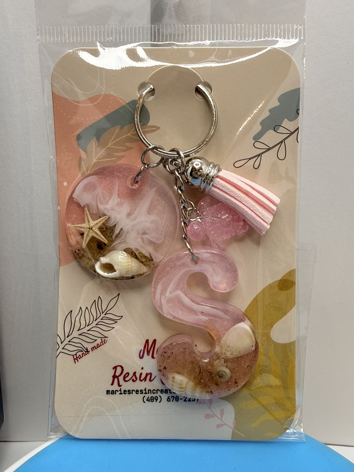 Custom made keychain Beach Theme Baby Pink Resin Keychain.