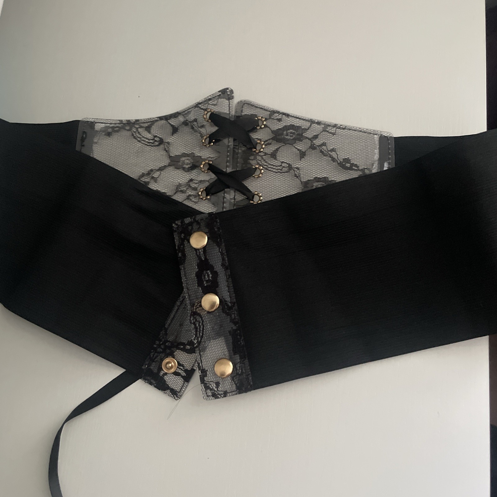 Women’s Black Embroidered Elastic Lace-up Corset Waist Belt W/Snap Back SIZE M/L