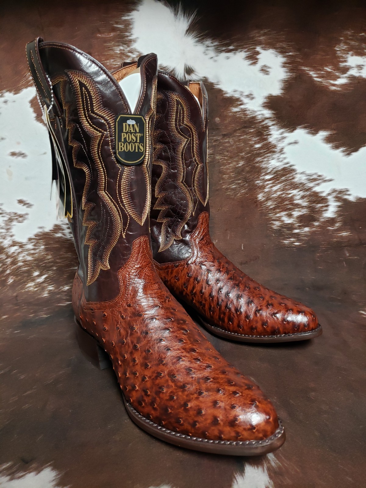 Dan Post Pershing Brass Full Quill Ostrich Western Boots Round Toe Mens Sz 12 D