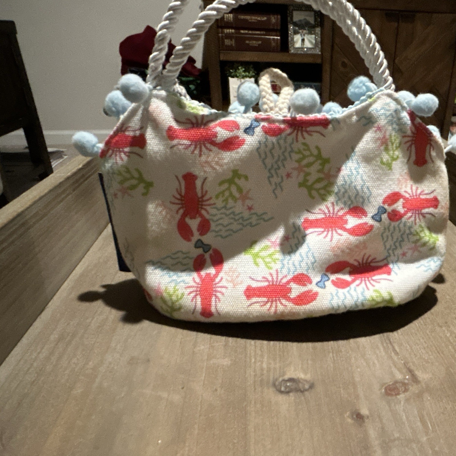 The Preppy Pelican Lobster Print Top Handle Zip Bag w/ Pouch Rope & Pom-Poms