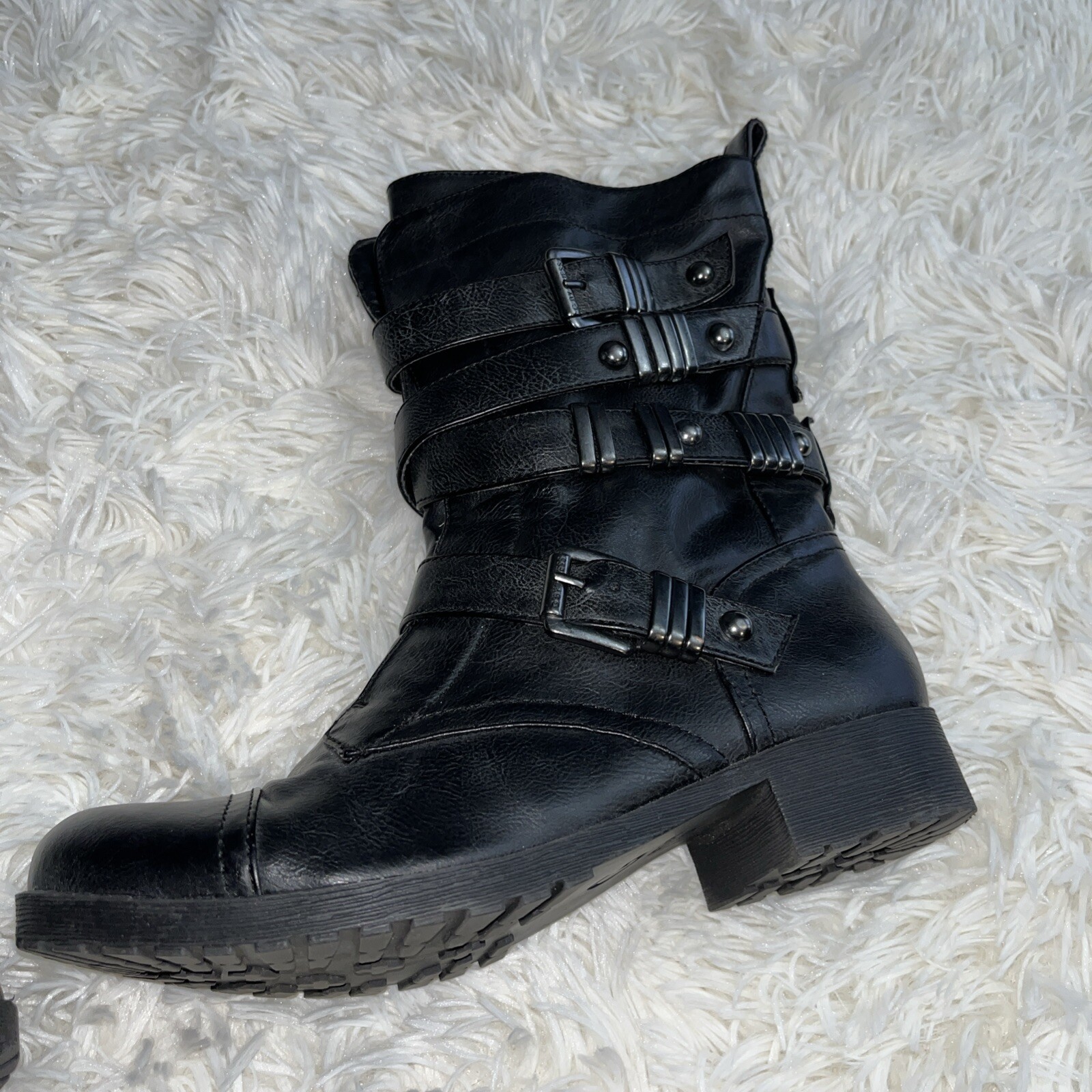 G By Guess Moto Grunge Combat Full-Zip Boot Buckles Black Metal Embellished Sz6m