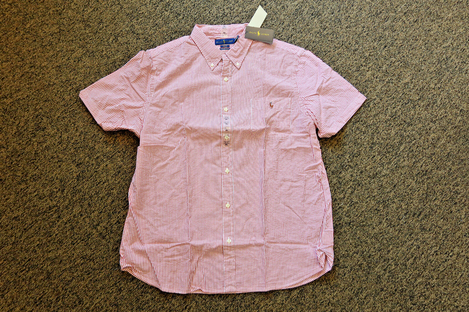New Ralph Lauren Mens Slim Fit Untucked Seersucker Shirt – XXL – Red / White