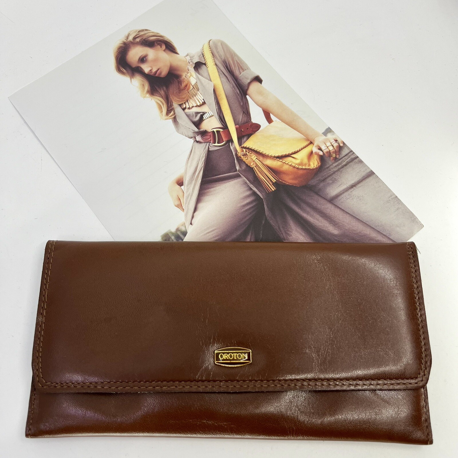 Vintage OROTON wallet / purse – brown color – hold cards, coins & notes – c1970s