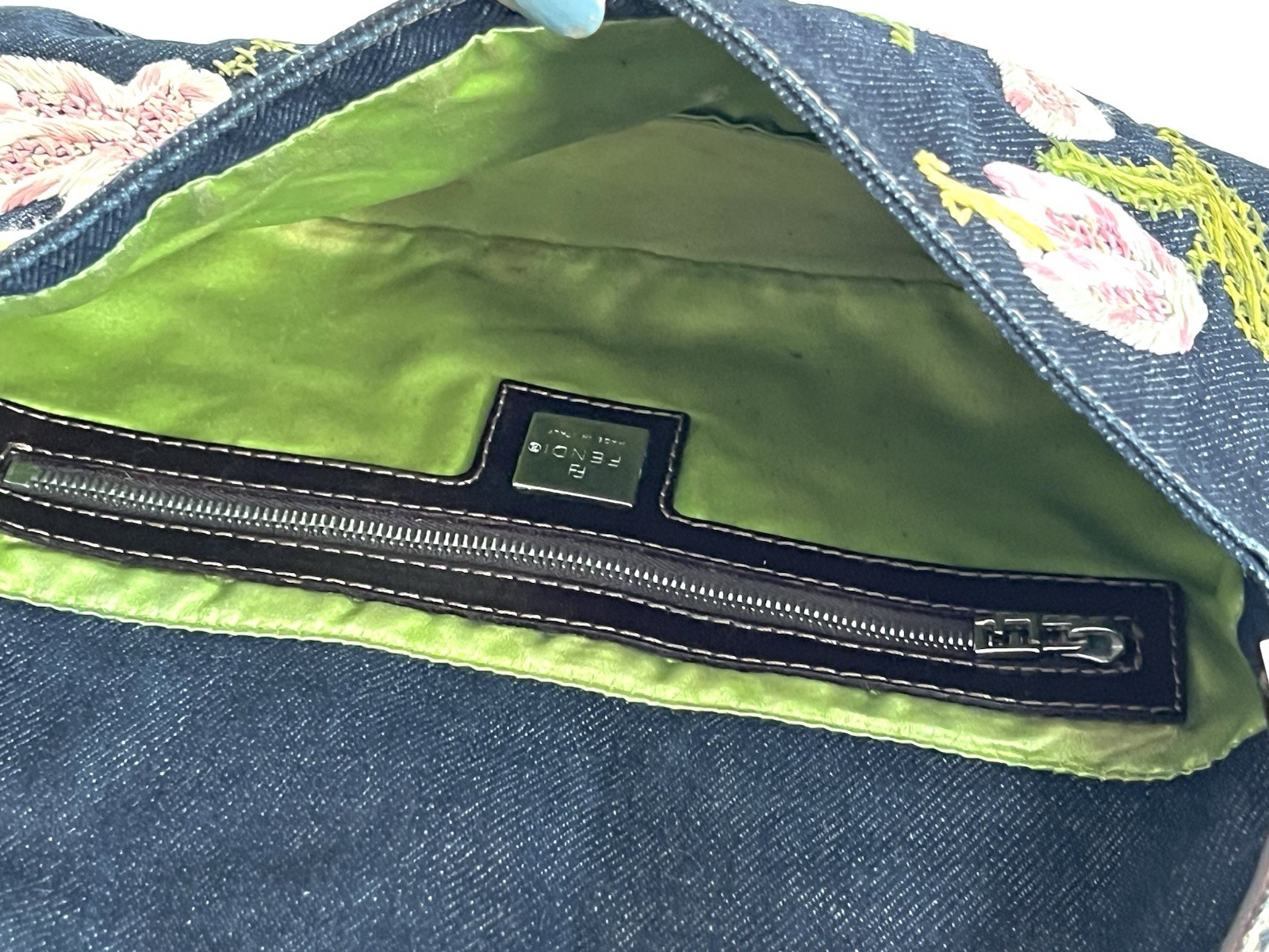 Authentic Vintage Fendi Y2K Indigo Denim Floral Embroidered Baguette Handbag