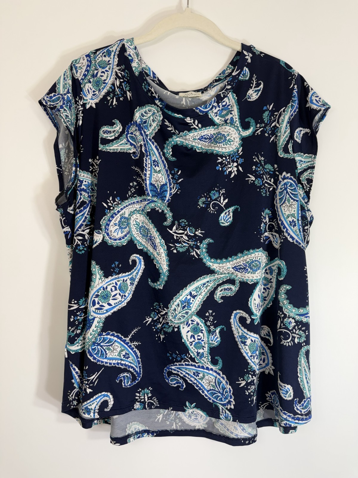 Ava James Blouse Women 2X Blue Paisley Lightweight Cap Sleeve Pullover Easy Cool