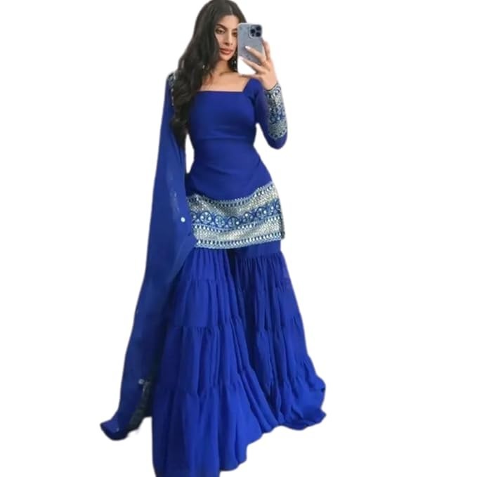 Women Indian Pakistani Style Sharara Set Embroidered Kurti Dupatta Party Wedding