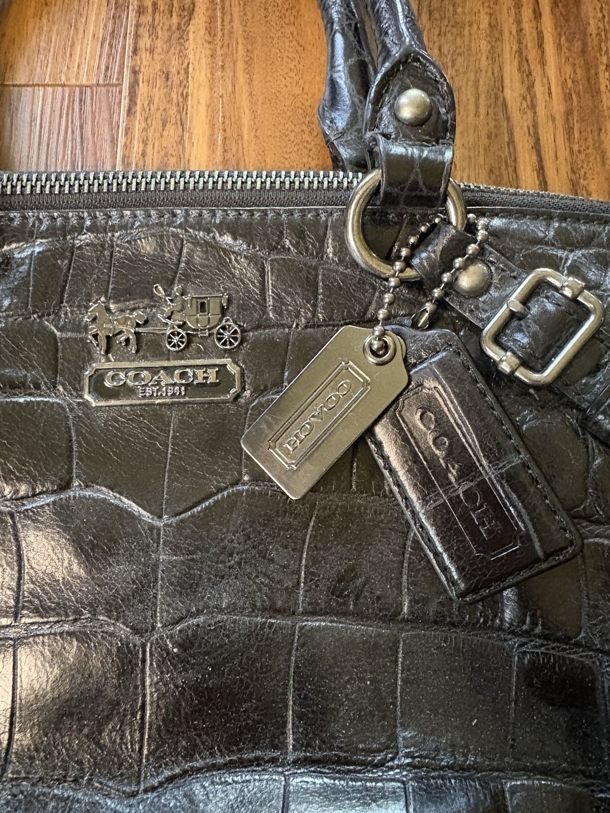Coach 15924 Madison Embossed Sophia Bag Black With Purple Lining With Charms