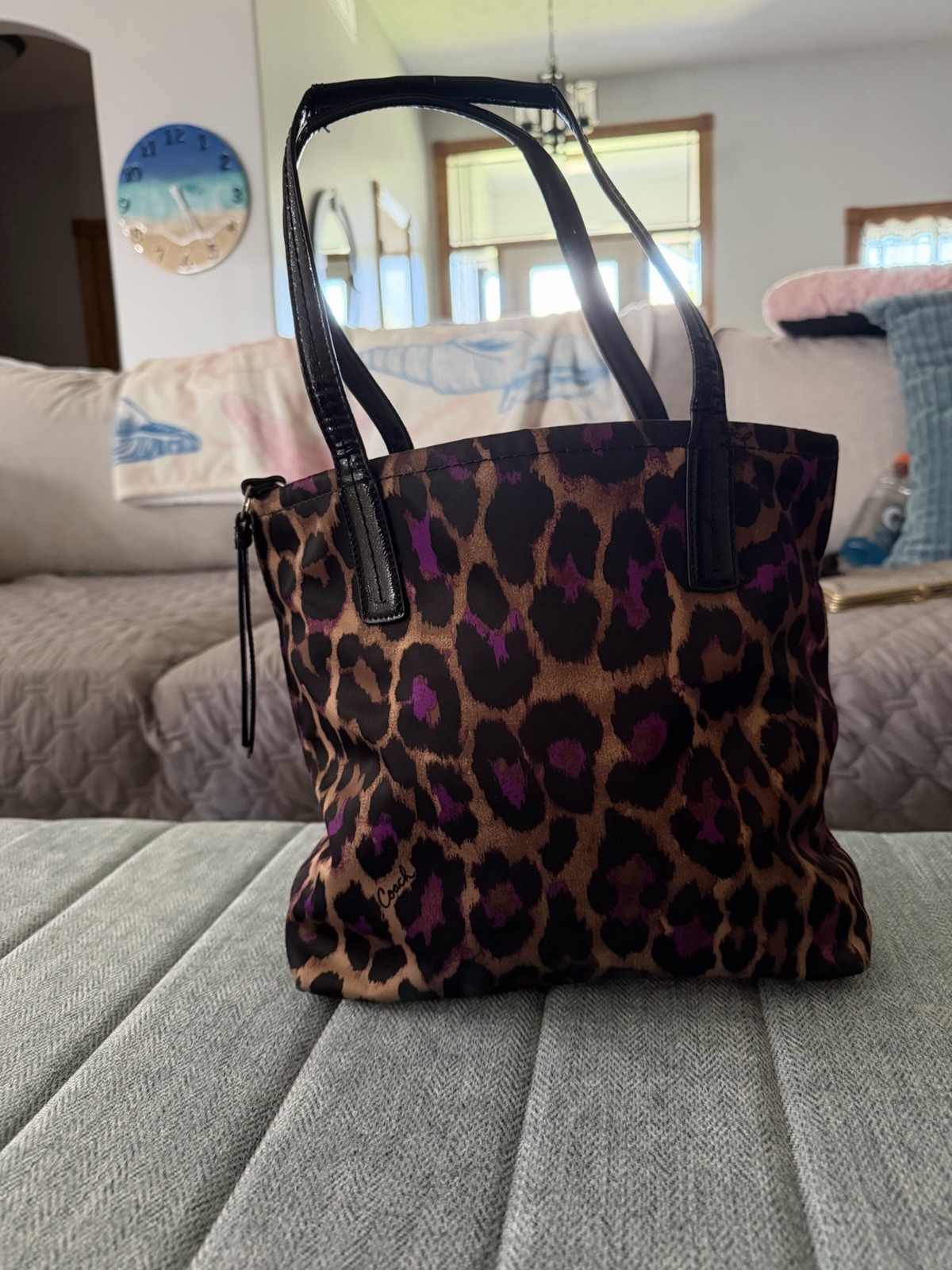 Coach Signature Ocelot Leopard Print Tote F25282 – Black/Purple/Brown Sateen
