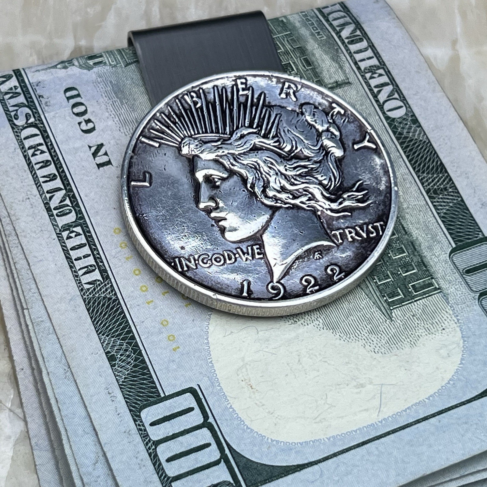 New Stainless Steel Credit Card Money Clip w/ Antique 90% Silver Peace Dollar