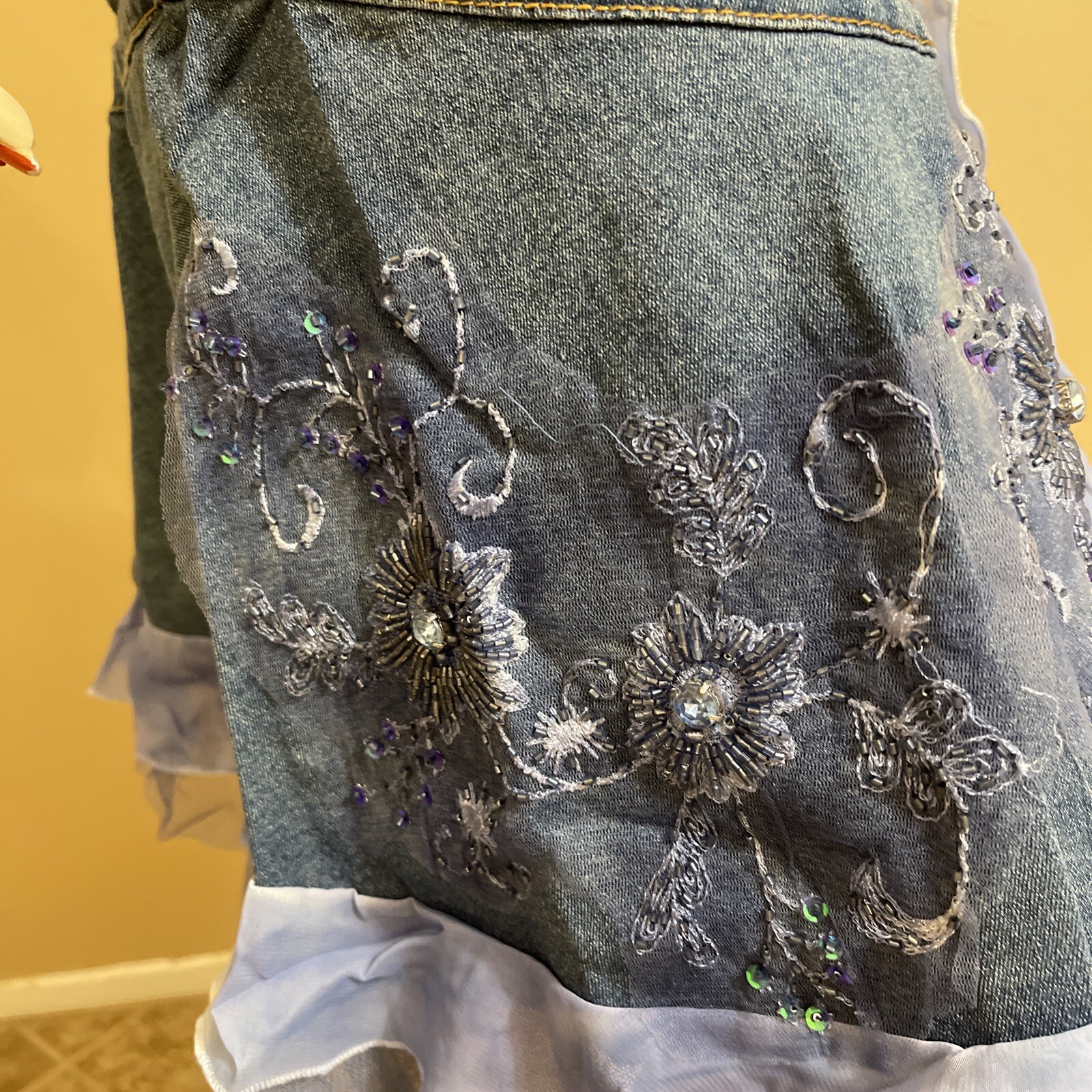 Women’s Blue Denim Cotton Casual Stretch Bead Boho Zipper Size M(6-8) Skirt 3277