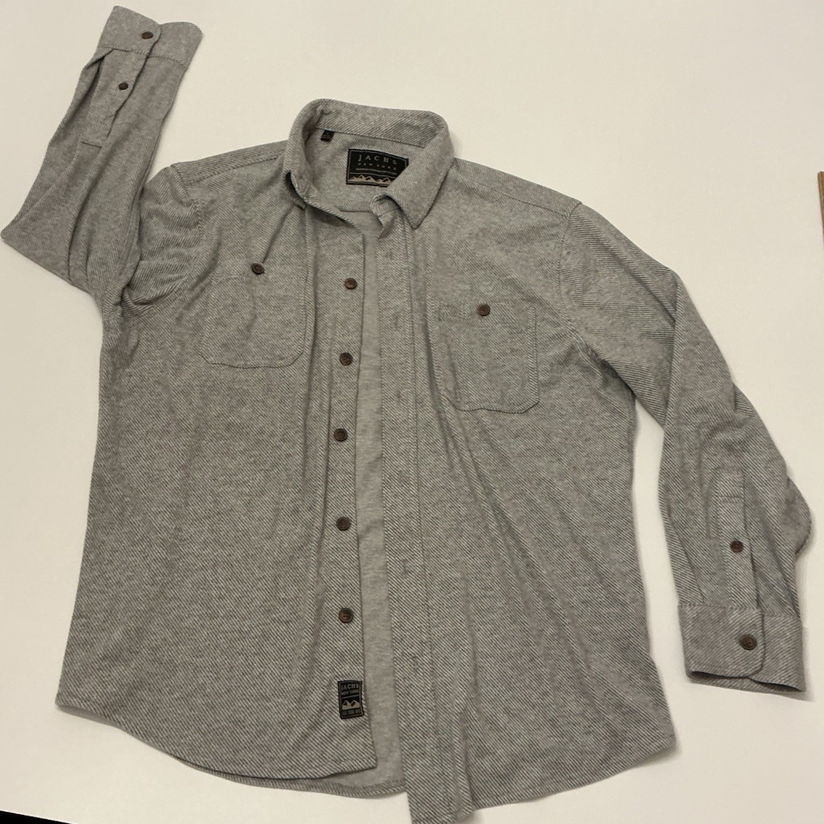 JACHS New York Men’s L Gray Herringbone Twill Long Sleeve Button-Up Pockets