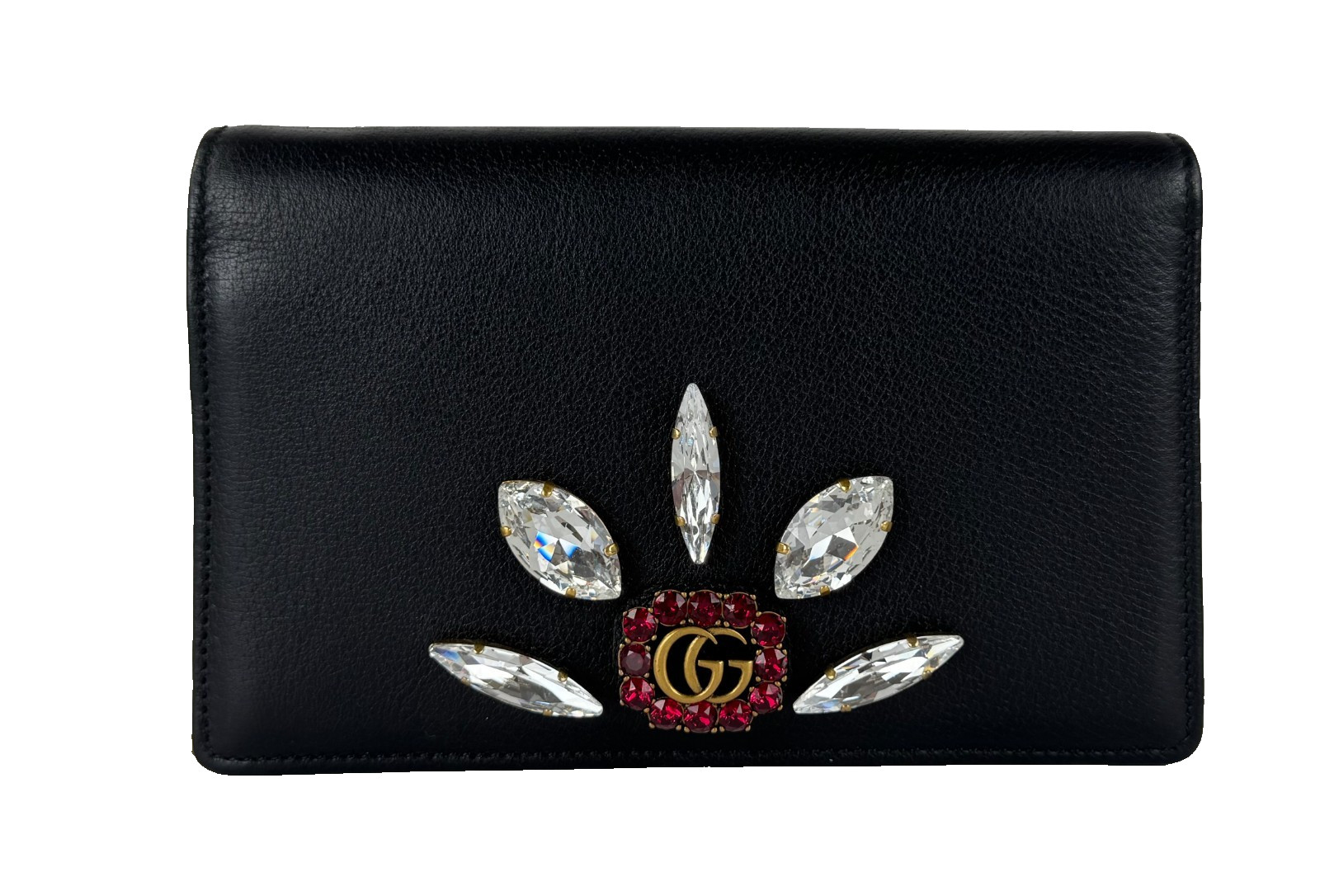 Gucci New Auth Black Leather Mini GG Marmont Crystal Wallet Chain Bag Dust Bag