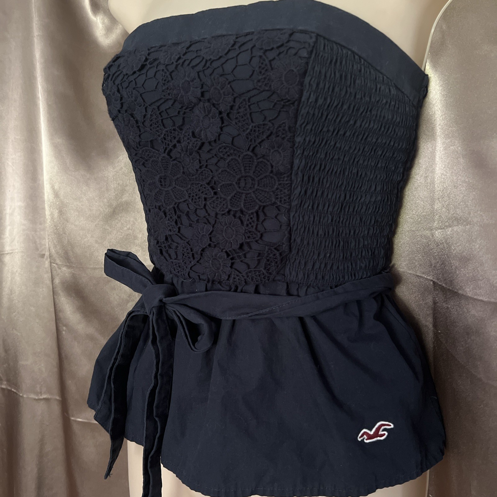 Hollister VTG Y2K 100% Cotton Navy Stretch Crochet Front Tube Top Sz S Vintage