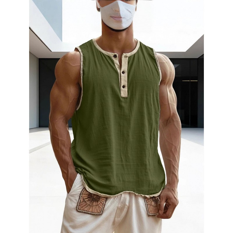Men’s Sleeveless Henley Tank Top Casual Gym Workout Muscle Shirt Summer Vest