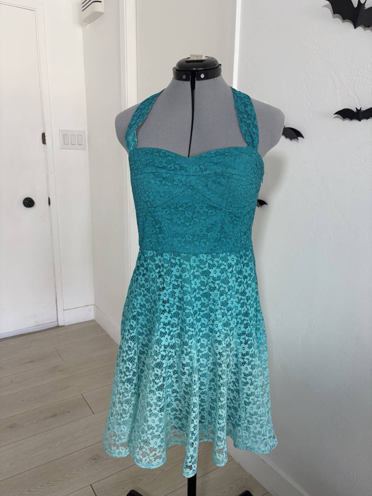 Betsey Johnson Teal Lace Fit & Flare Dress Sweetheart Halter Hi-Low Lined 6