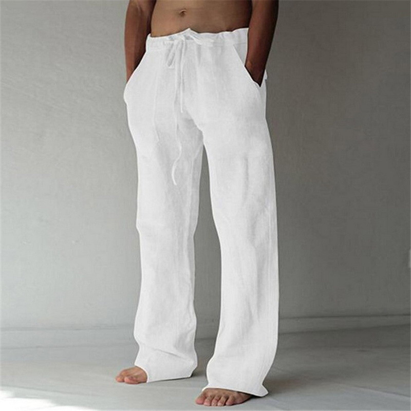 Mens Cotton Linen Loose Pants Solid Color⭐Casual Baggy Summer Beach Trousers