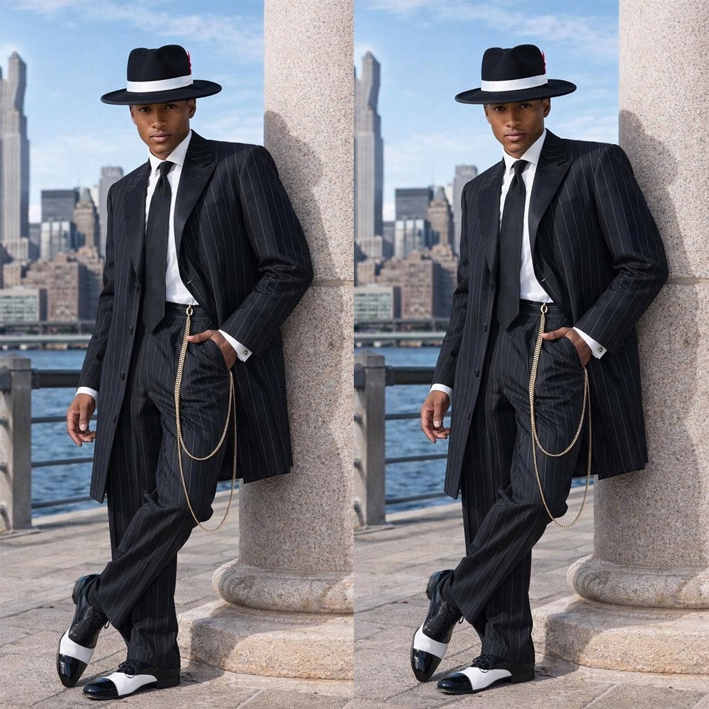 Black Men’s Zoot Suits Pinstriped Wedding Tuxedo Evening Party Prom Long Coats