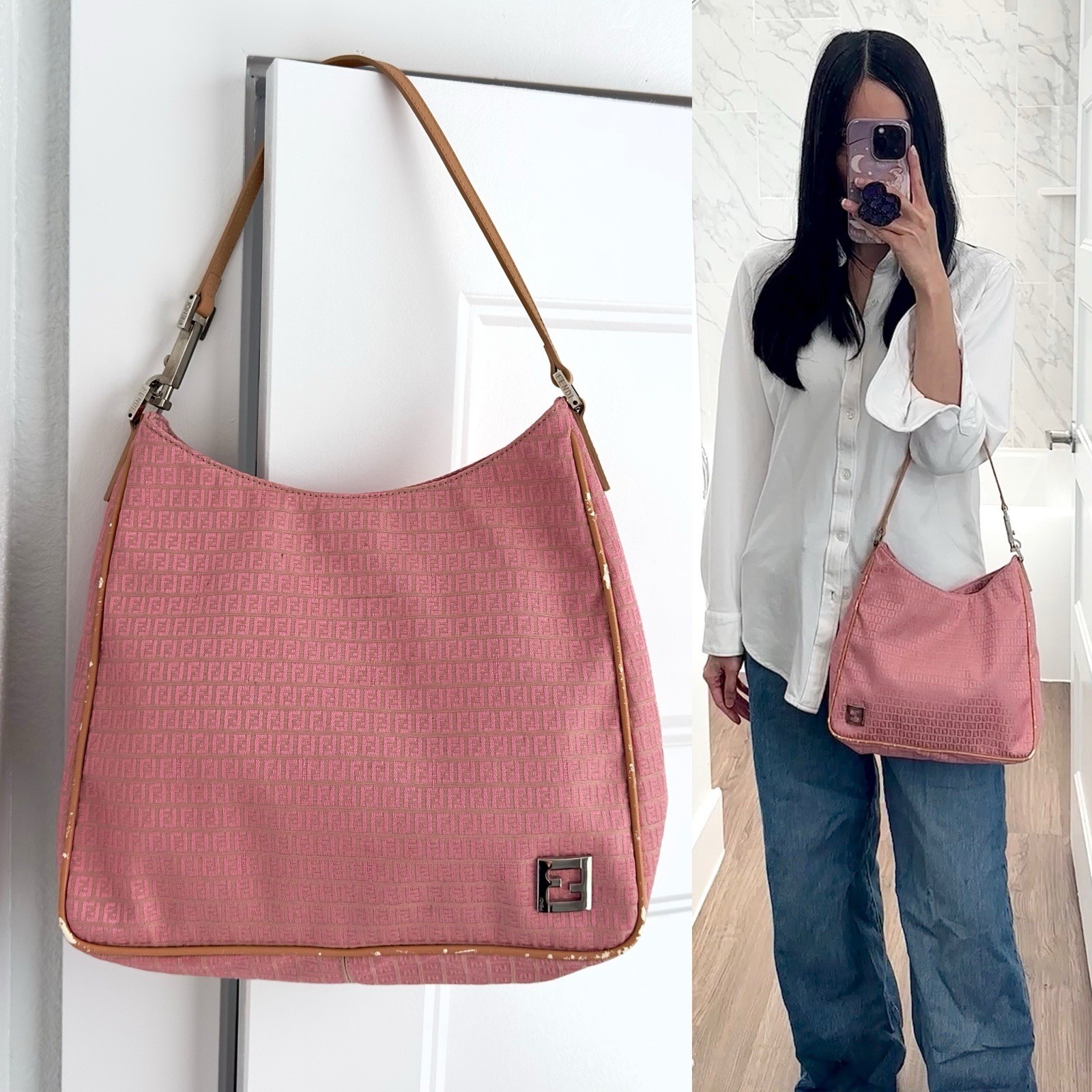 ✨Authentic FENDI FF Zucchino Canvas Shoulder Bag Pink