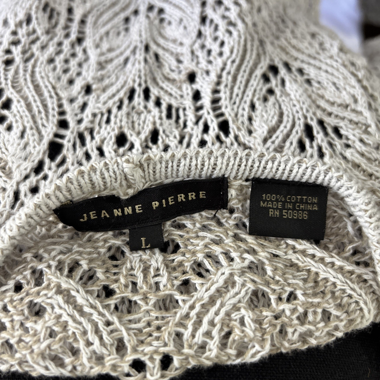 Jeanne Pierre Open Knit Sweater Large Gray Crochet Tunic Light Beach Coverup