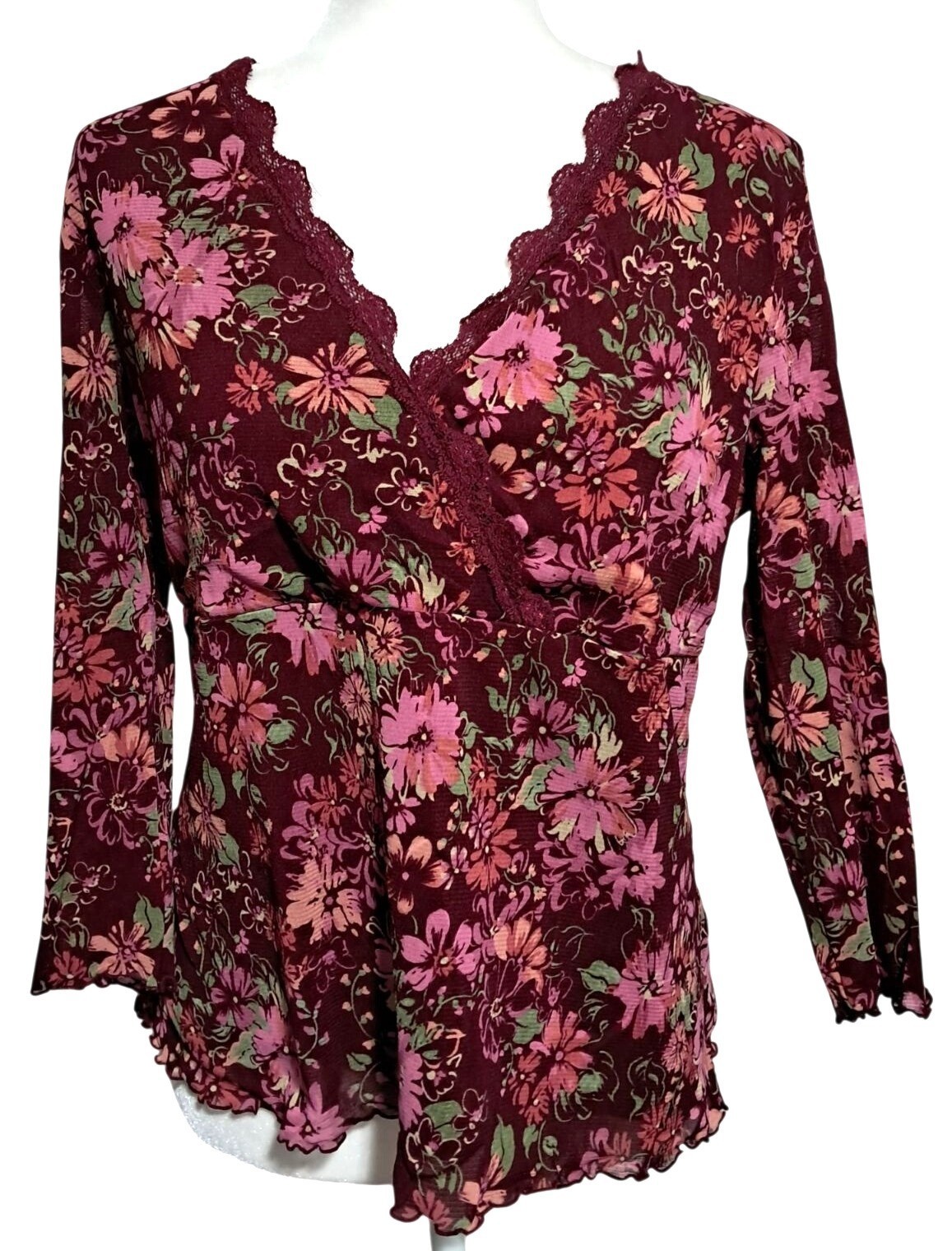Y2K Axcess Floral Top Womens XL Fairy Grunge Burgundy Blouse 3/4 Sleeve V-Neck L