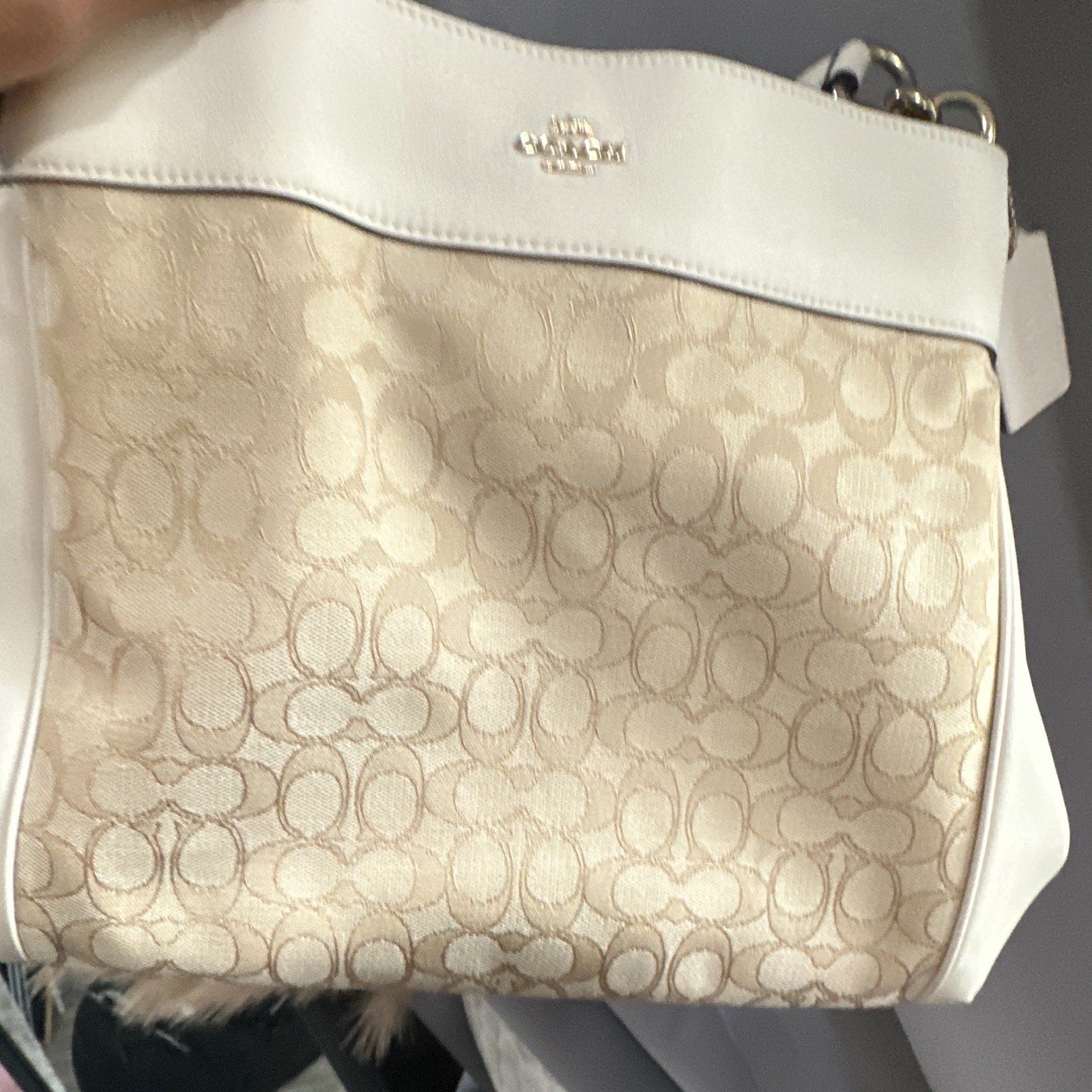Coach Signature Logo Ivory/Beige Shoulder Bag Gold Hardware Zip w/ Bag Charm