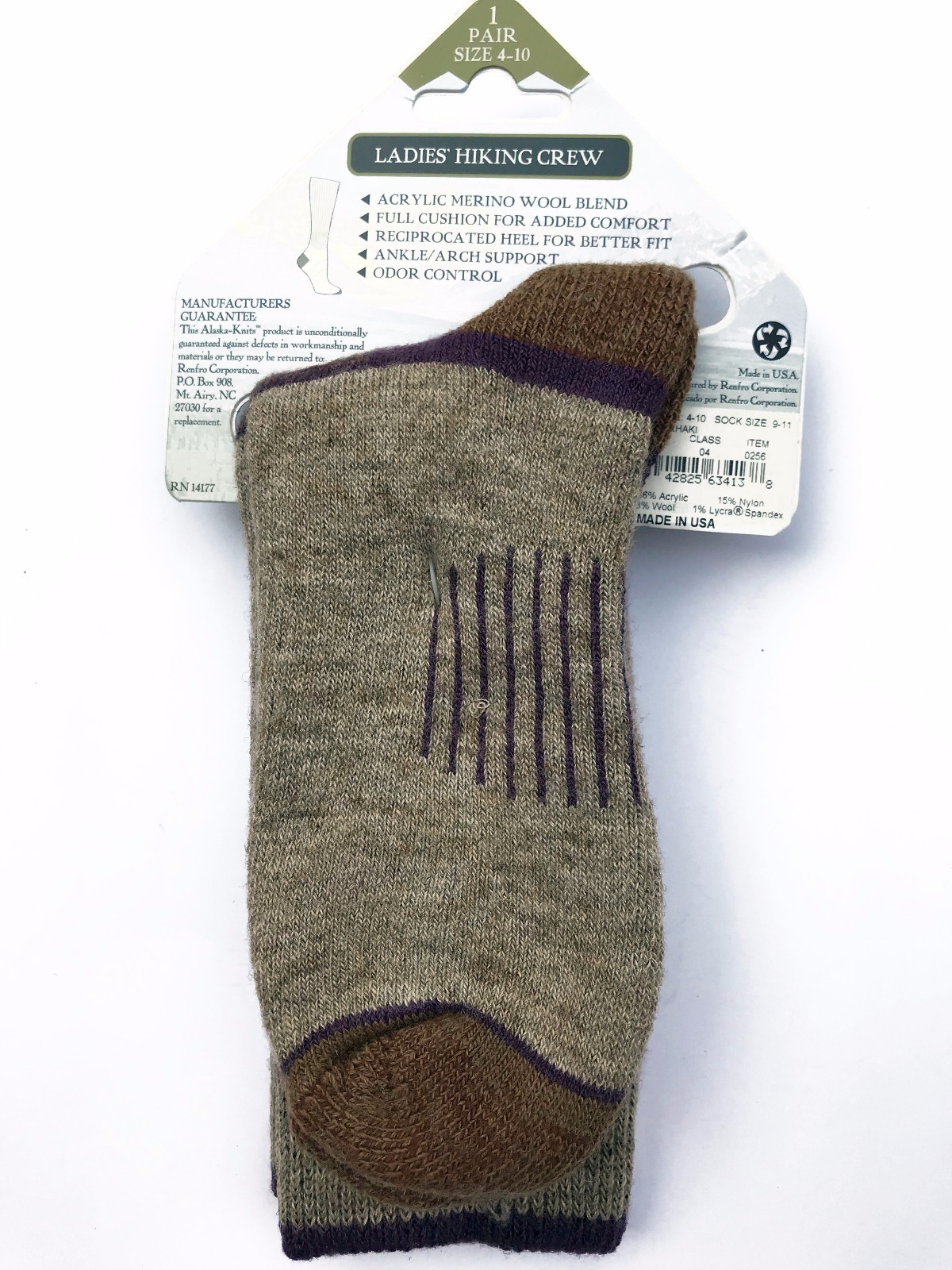 ALASKA KNITS™ MERINO WOOL LADIES’ HIKING CREW SOCKS KHKAI 9-11 MADE IN USA