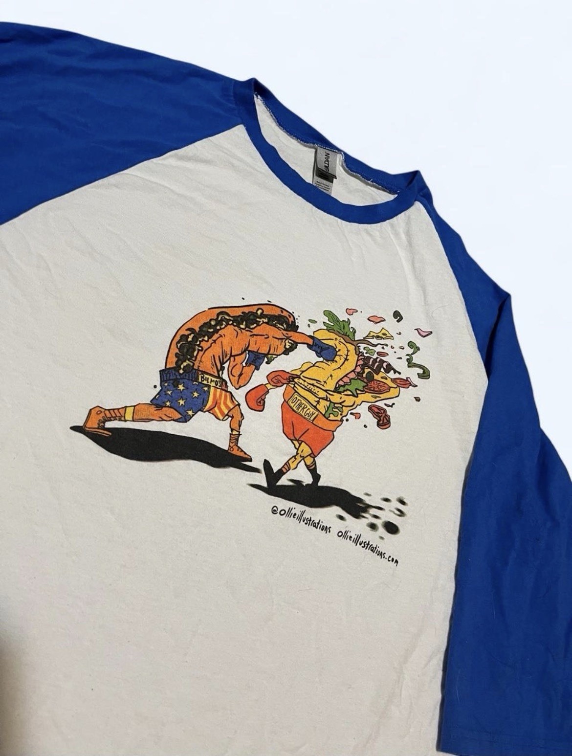 Gildan Heavy Cotton Hot Dog Graphic T Shirt Mens XL Blue/White 3/4 Sleeve