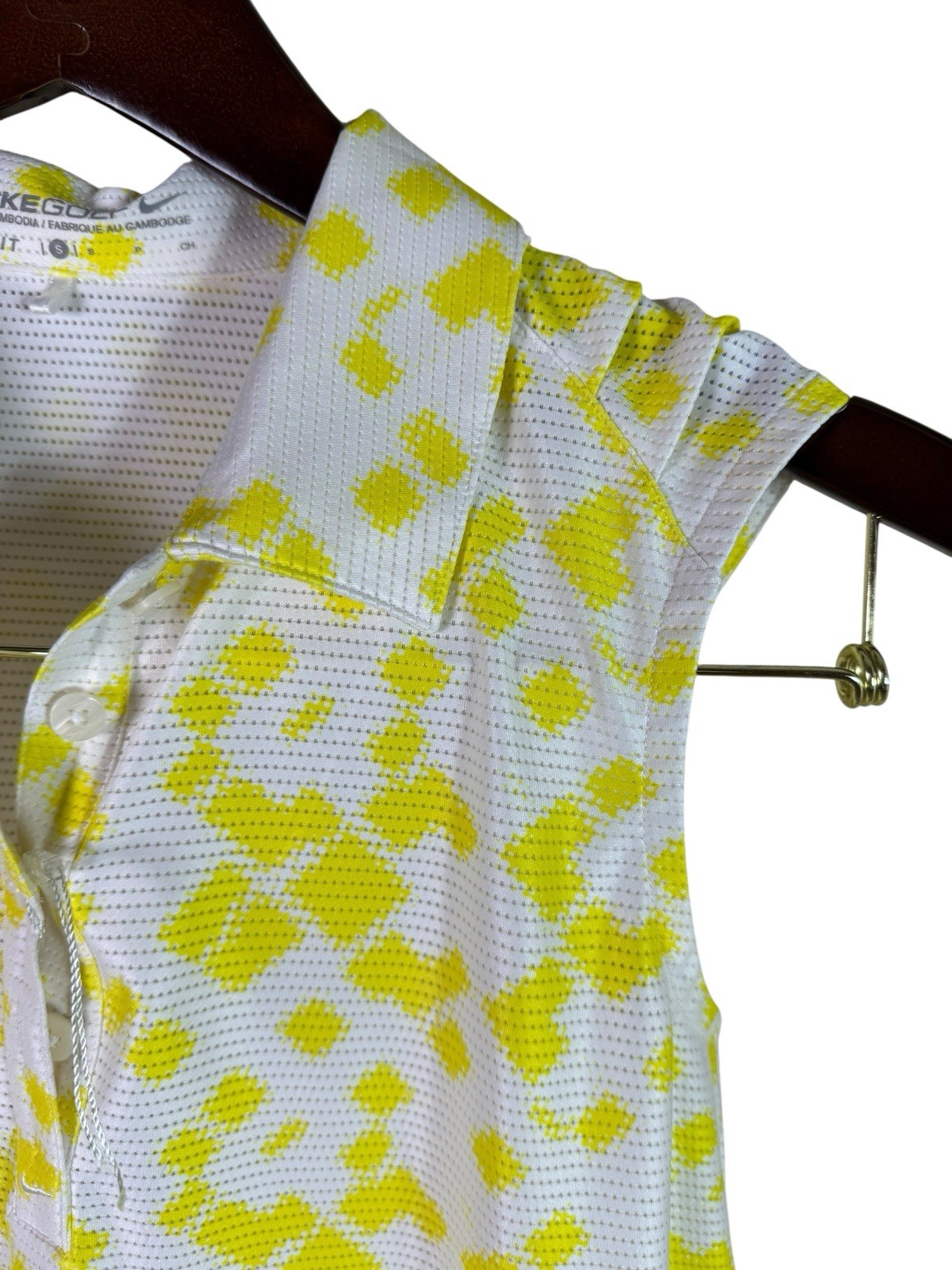 Nike Dri-FIT Mesh Sleeveless Golf Polo, White Yellow Geo Patter Small NWOT