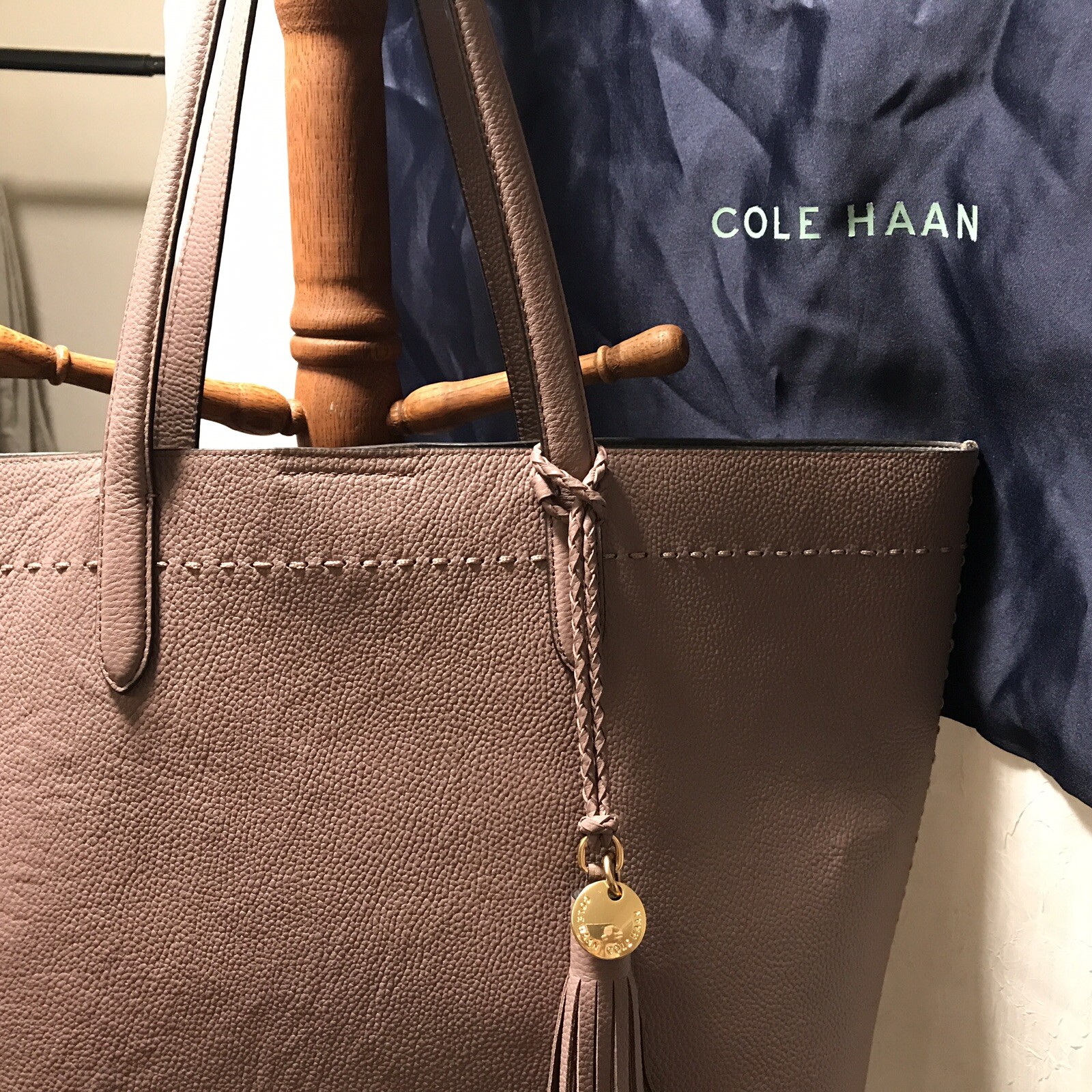 NEW Cole Haan Large Gray Leather Tote Bag 19.5″ w/Dust Bag Mint Fall Sale
