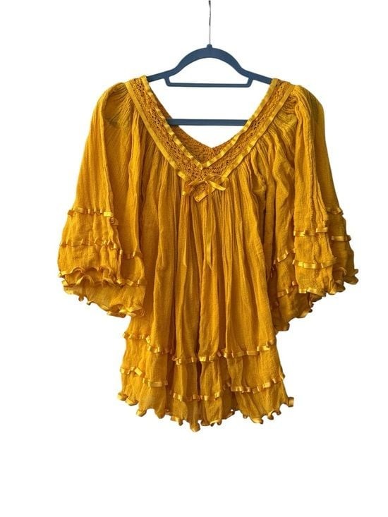 Boho Mustard Yellow Ruffled Women’s Peasant Top Size S