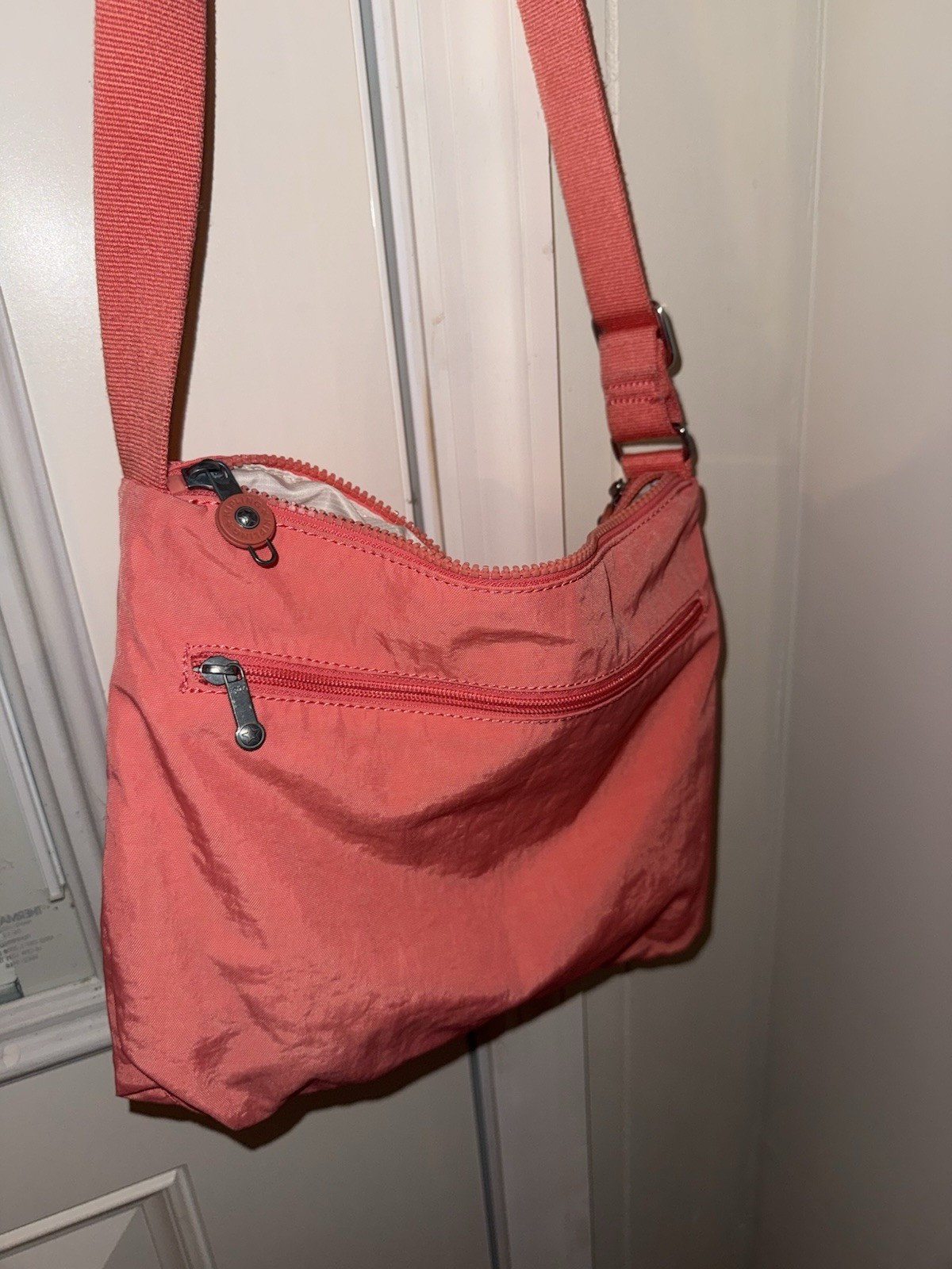 Kipling Peach Crossbody Bag Zip Closure Adjustable Strap Monkey Charm