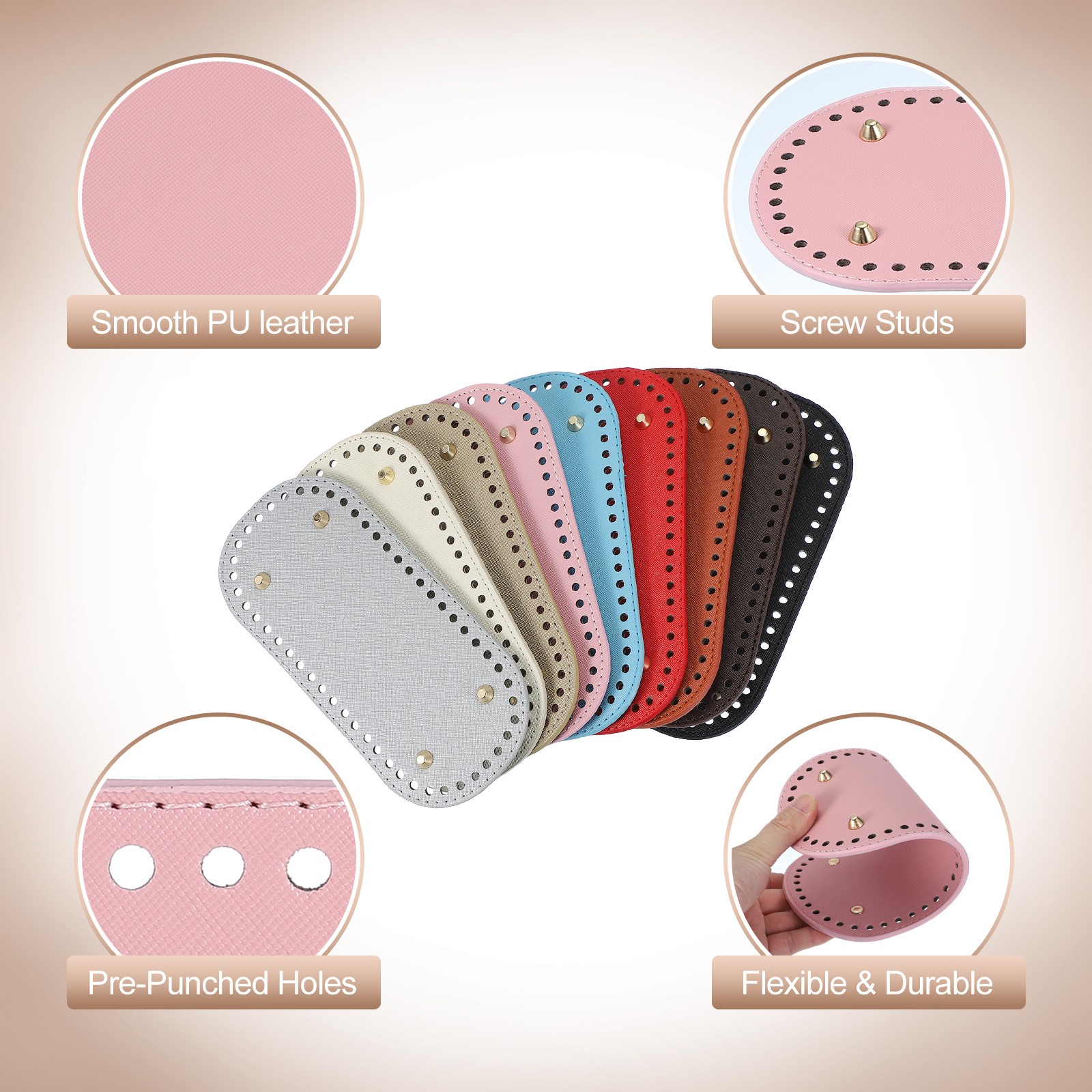 2Pcs Oval PU Leather Bag Bottom Shaper with Holes & Nails 9.8×4.7 Inch Pink