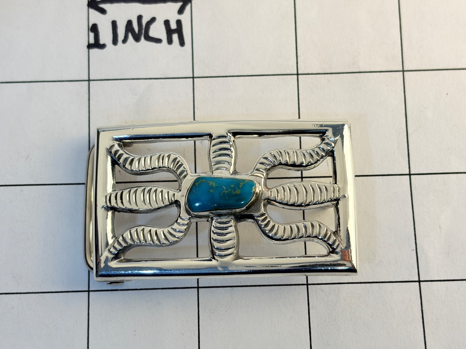 Vintage Sandcast Sterling Silver .925 Turquoise Belt Buckle 38 Genuine Lizard