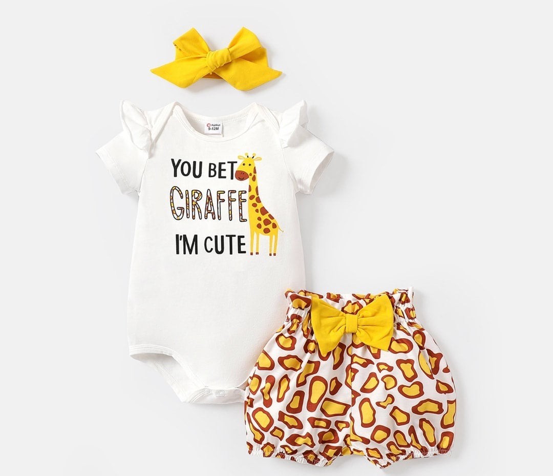 3pcs Giraffe Romper & Bowknot Shorts with Headband Set Baby Girl 9-12 Months