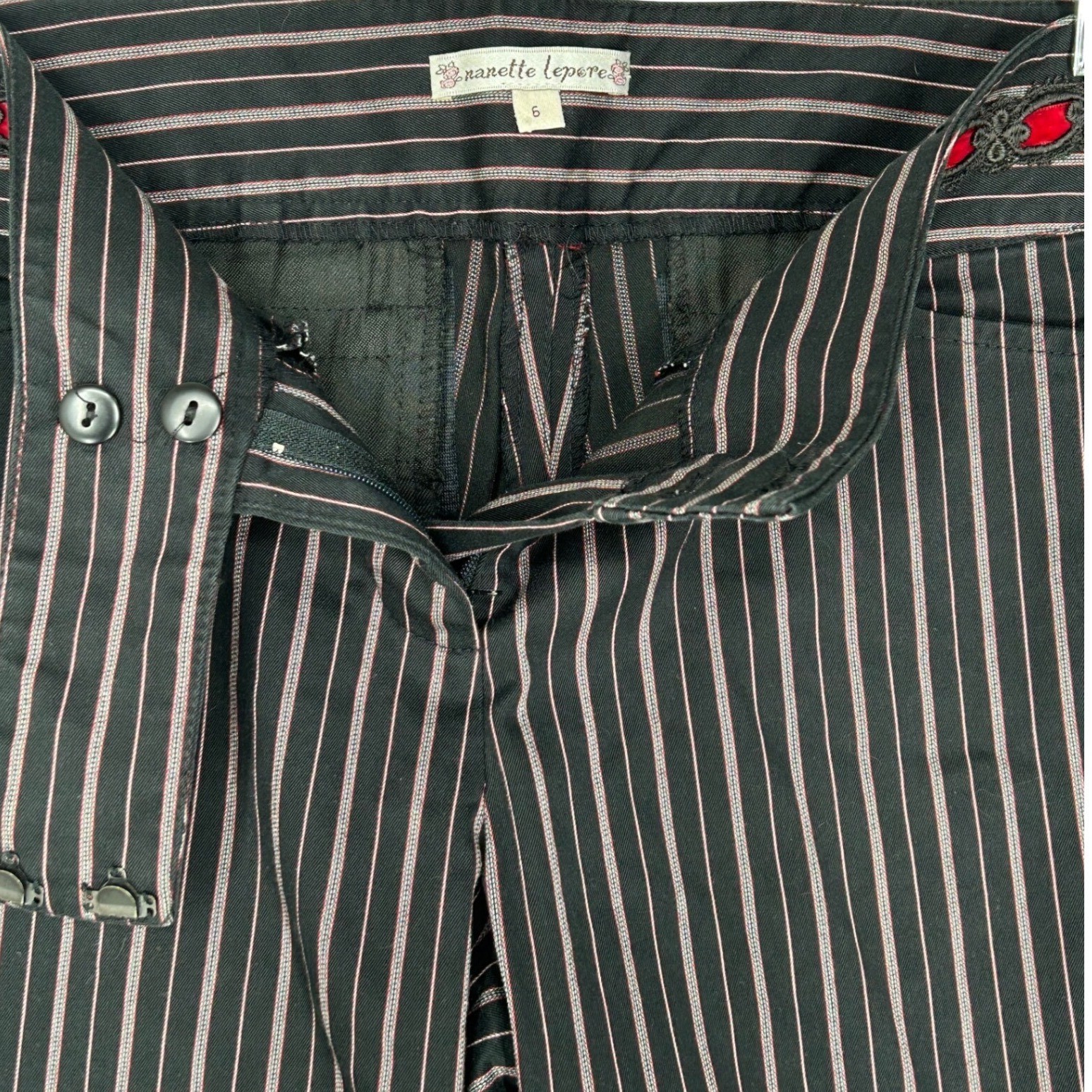 Nanette Lepore Pin Stripe Pants Ribbon Waist Double Button/Hook Women’s Size 6