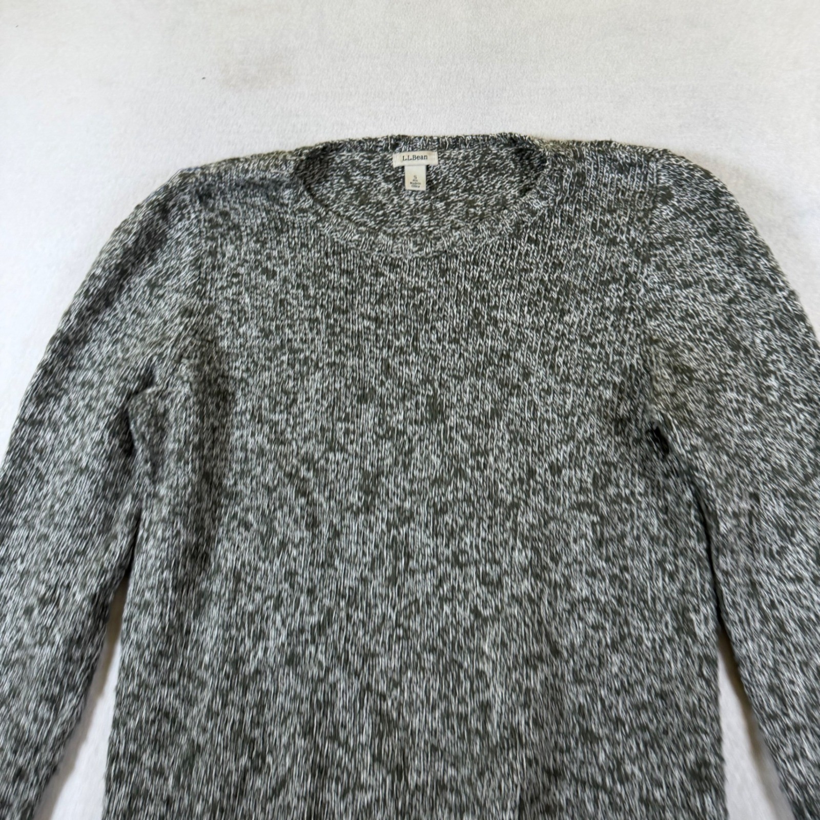 LL Bean Mens Olive Green Marled Cotton Blend Chunky Knit Crewneck Sweater Small
