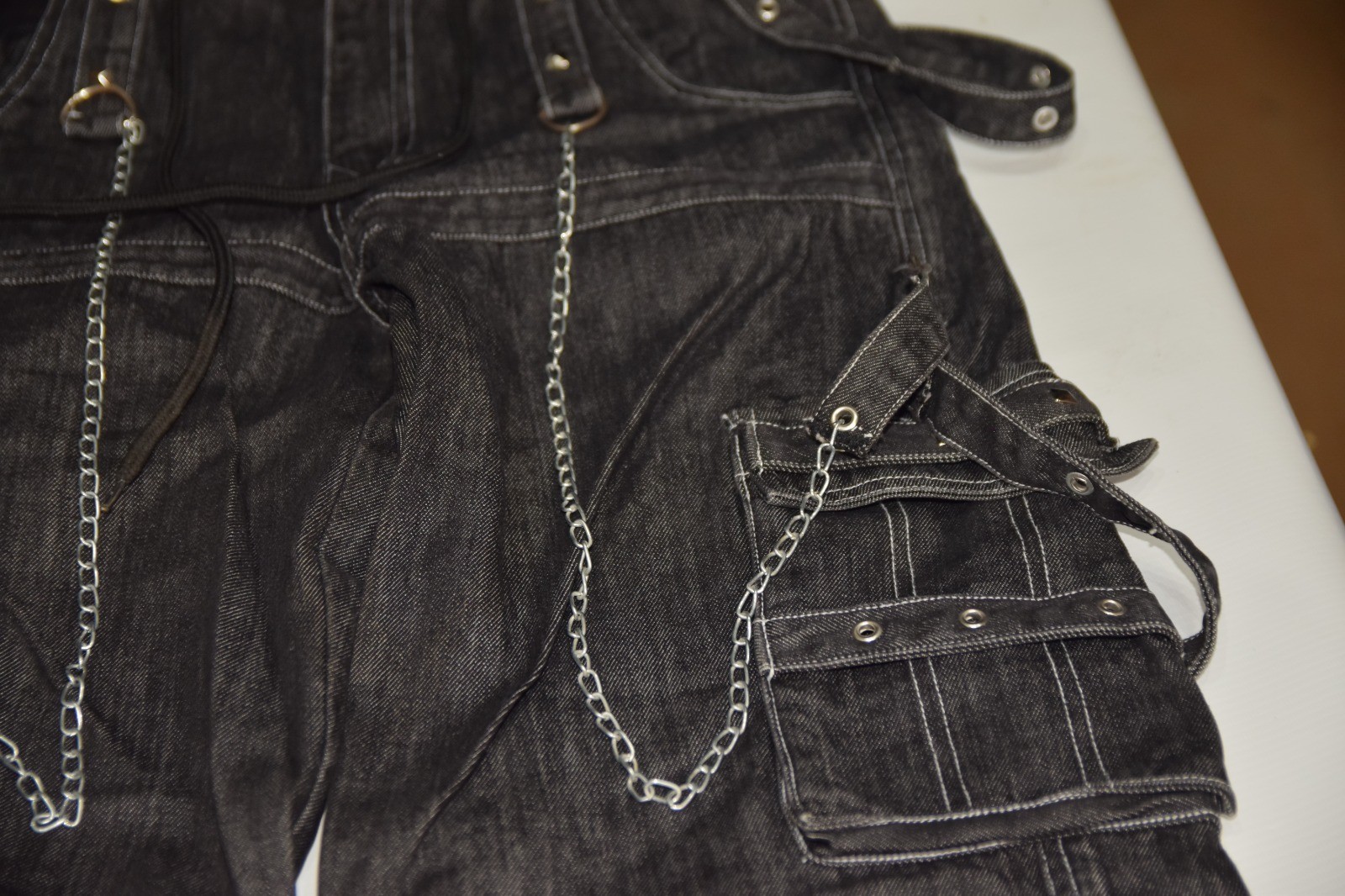 Men’s Gothic Cargo Jeans Black Denim Punk Chain Wide Leg Cyber Y2K Pants