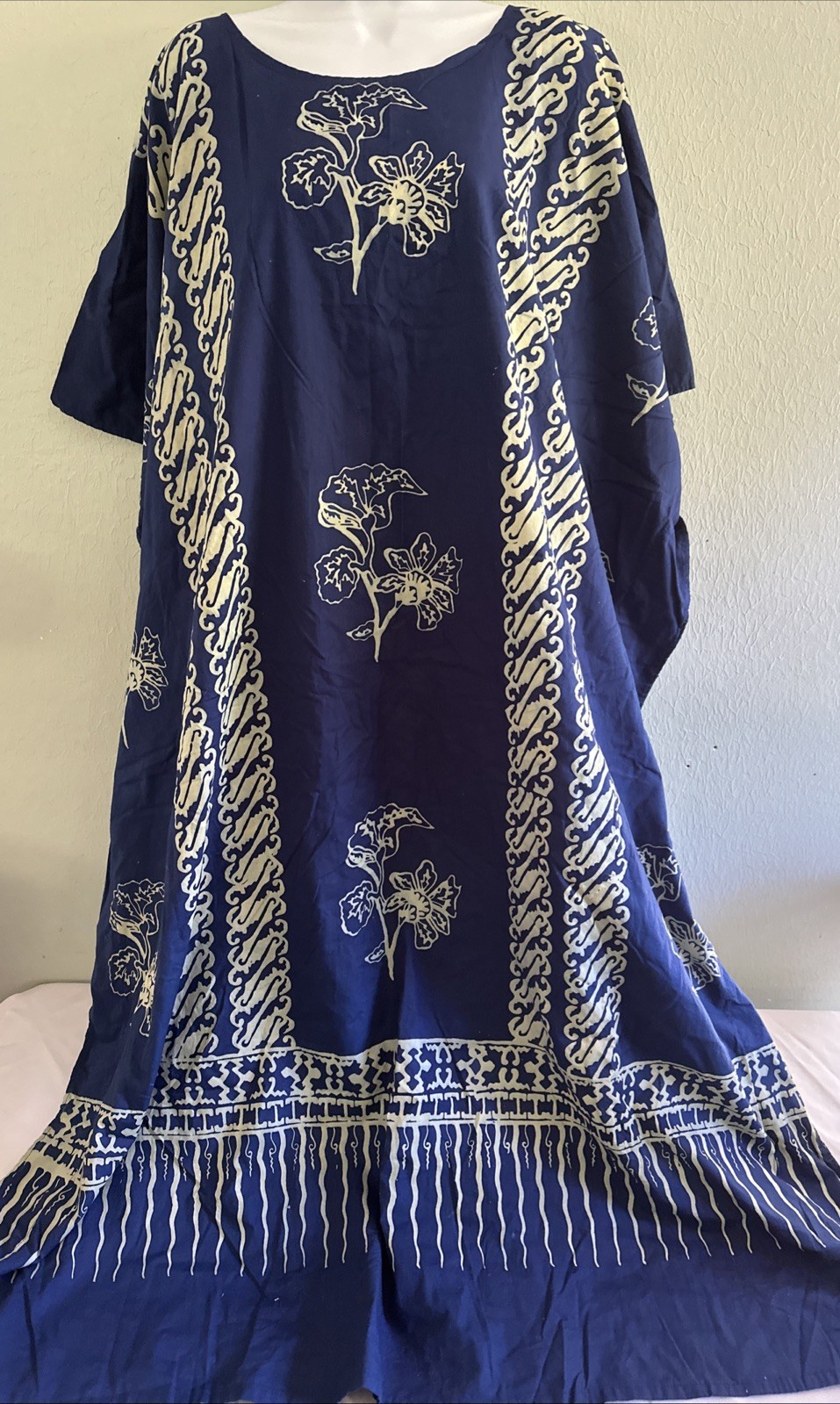 100% Cotton Kaftan Dress Maxi Long Tunic Batik One Size Plus Beach Summer Blue