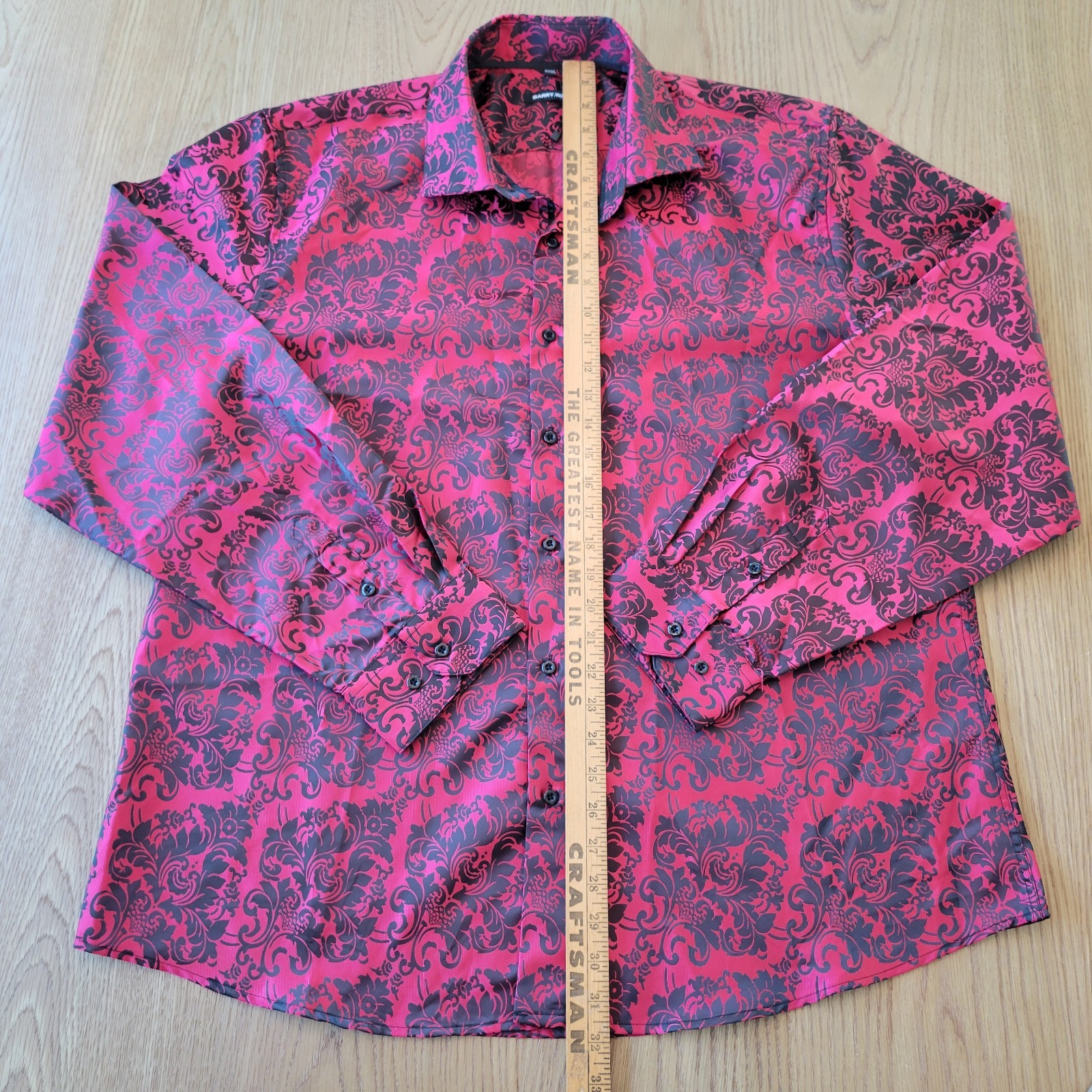 Barry Wang Long Sleeve Shirt 3XL Floral Red Black Metallic Shiny Silk Button Up
