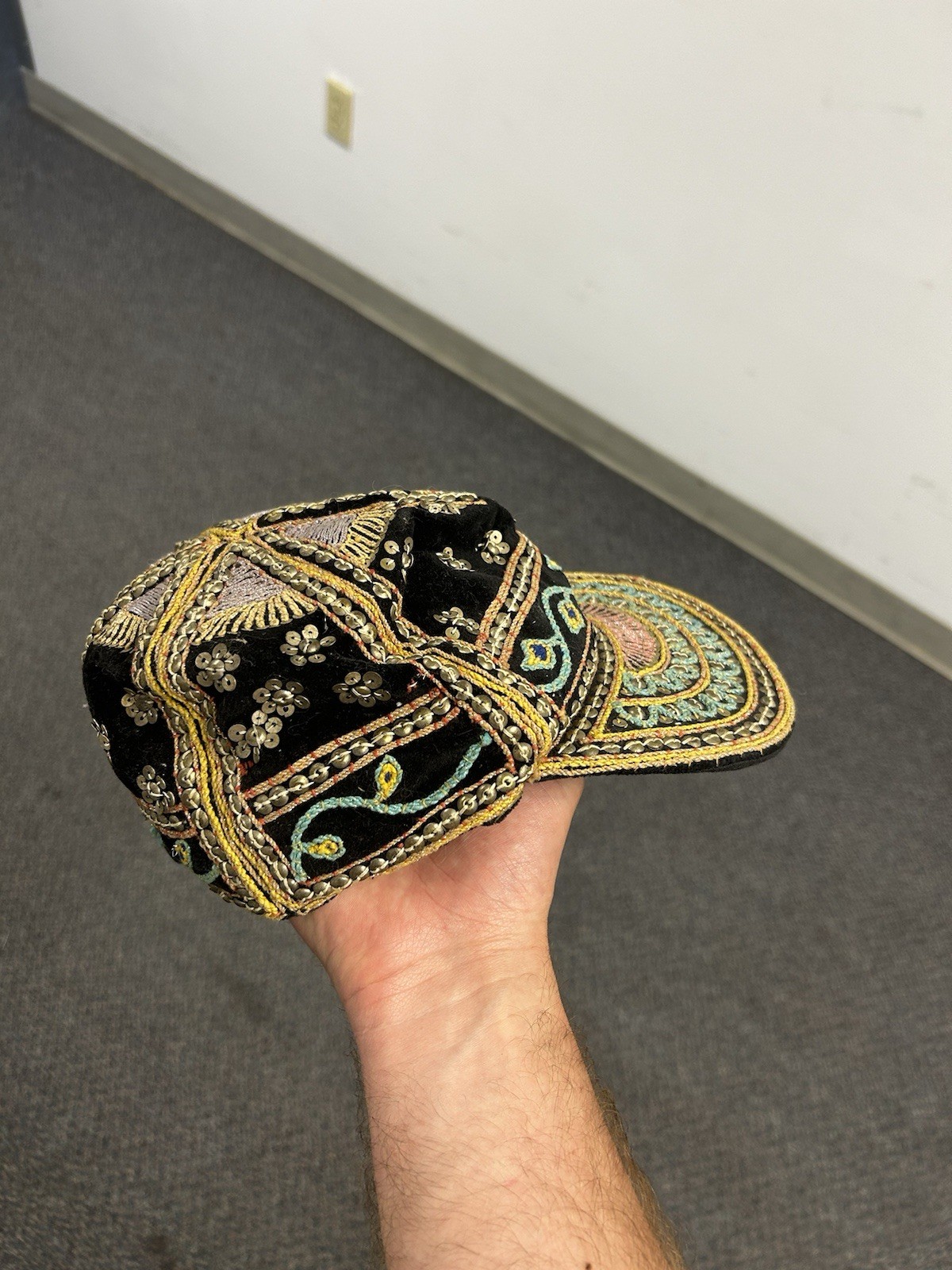 Vintage Myanmar Burma Beaded Embroidered Velvet Hand Made Cap Black & Gold
