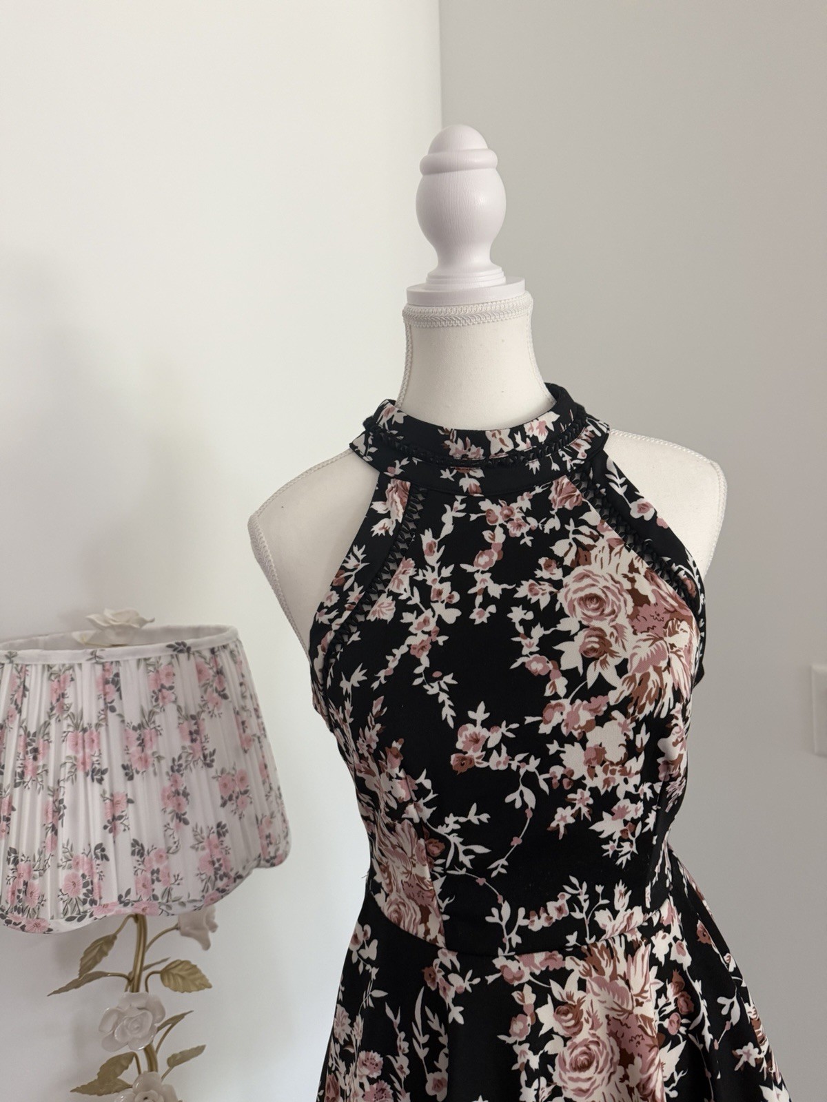 B. Darlin Black Pink Floral Halter Fit & Flare Short Lined Dress S