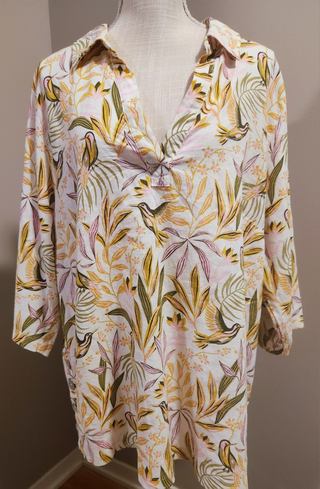 Joie Linen Tunic Top Pink Yellow Green Floral Botanical Bird Size 1X