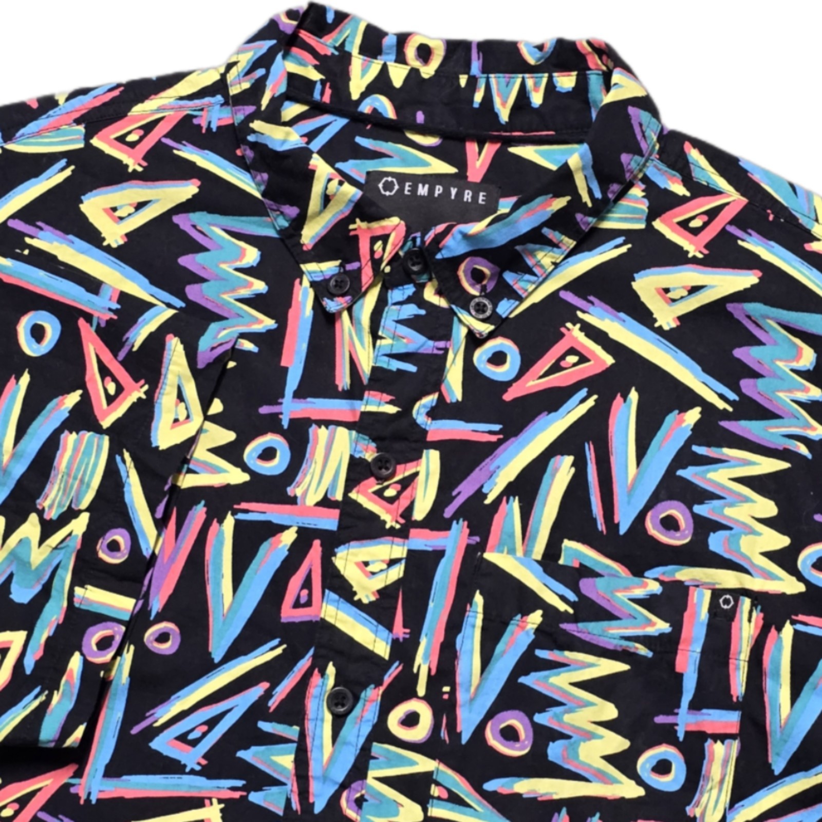Empyre Geometric Abstract Button Up Shirt Mens Large Retro 90s Neon Skate Surf