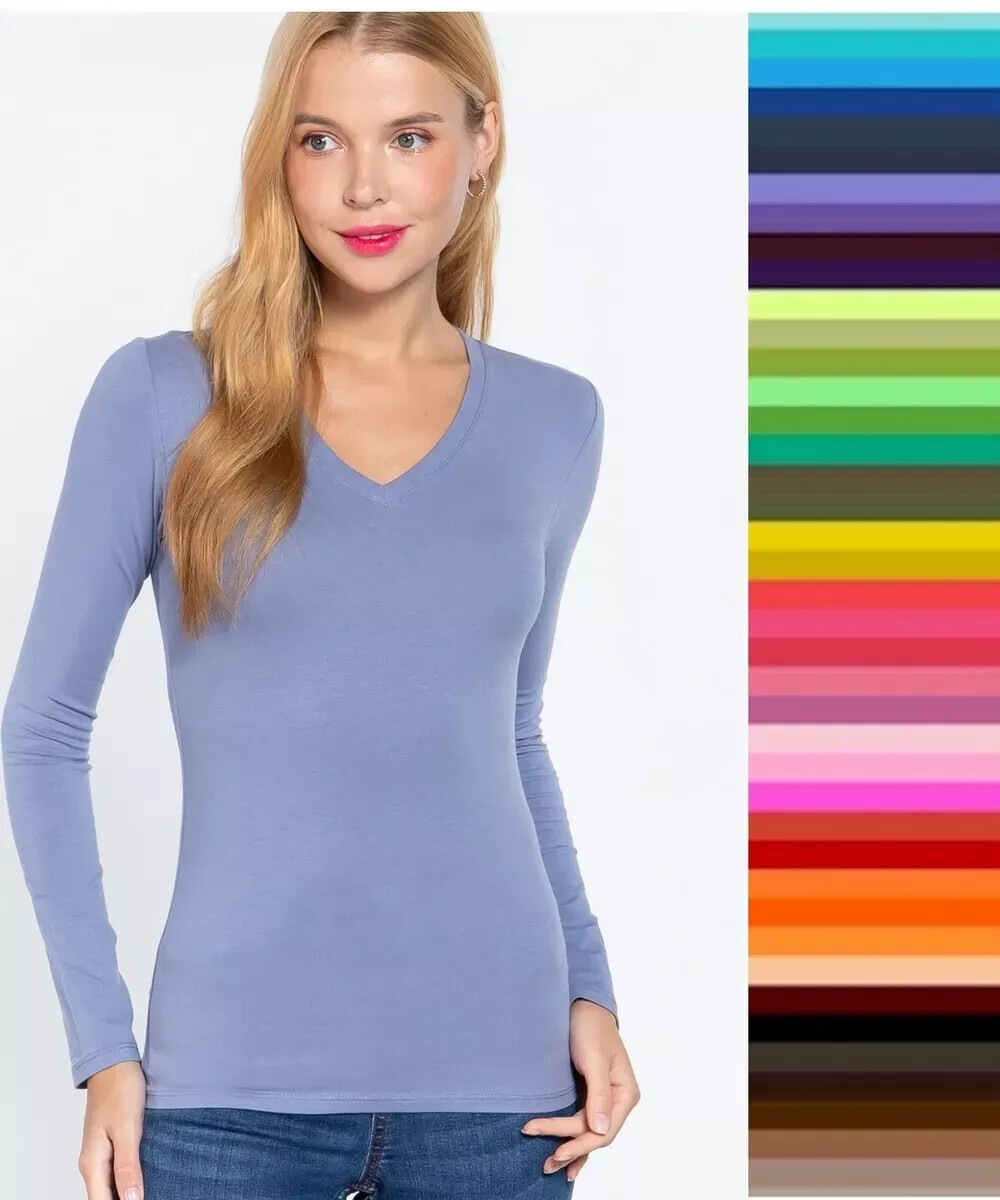 Long Sleeve Shirt V Neck Long Sleeve Active Basic Top Size S-L